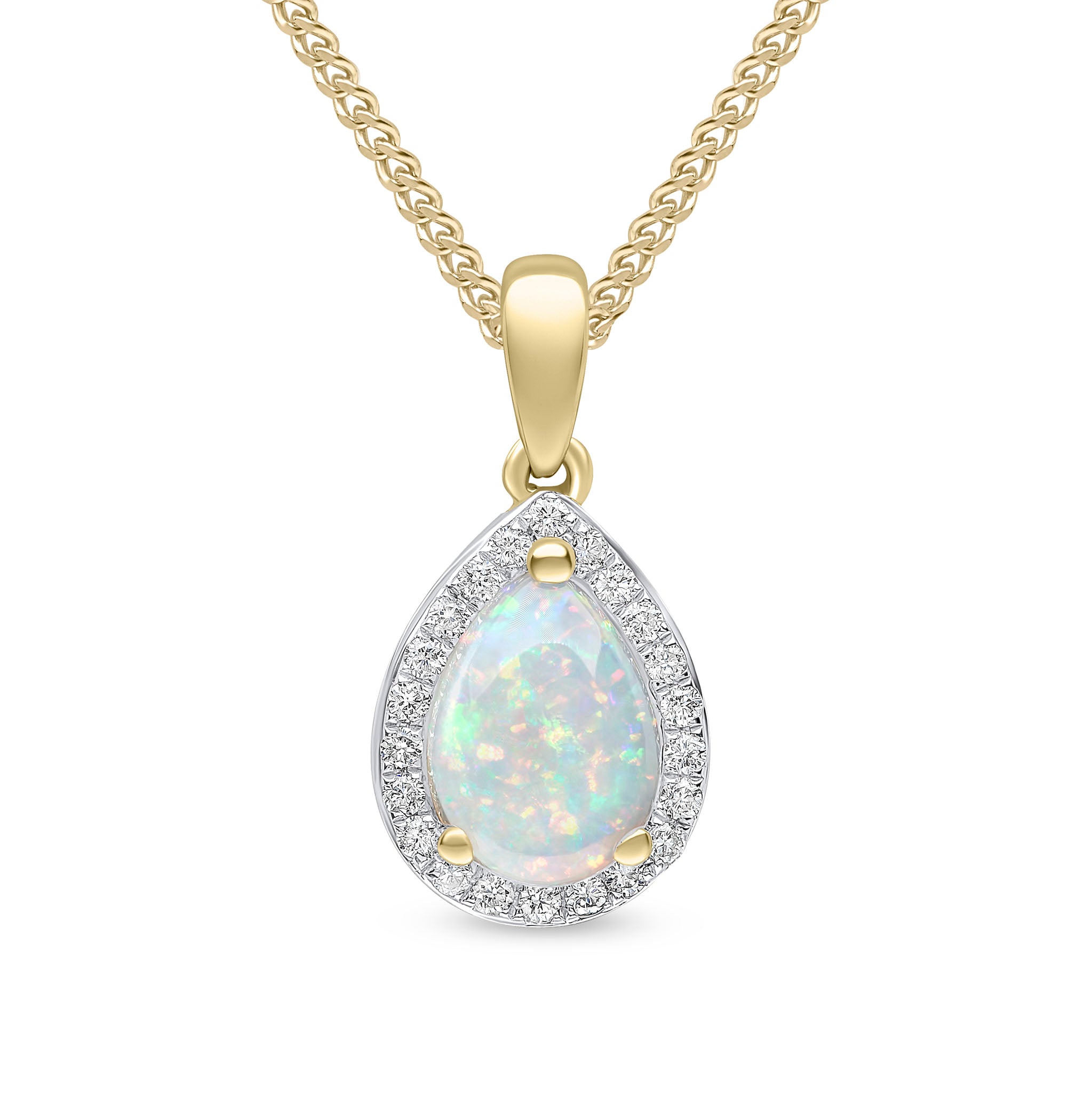 18ct Yellow Gold Claw Set 8x6 Pear Shape Opal & Diamond Cluster Pendant Rhodium to Diamonds
