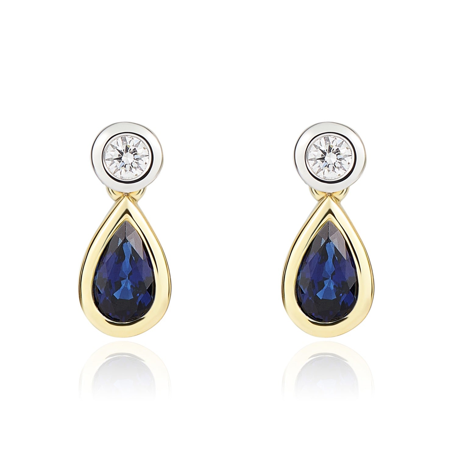 18ct Ywg Pear Shape Sapphire and Round Diamond Rubover 2 Stone Drop Earrings