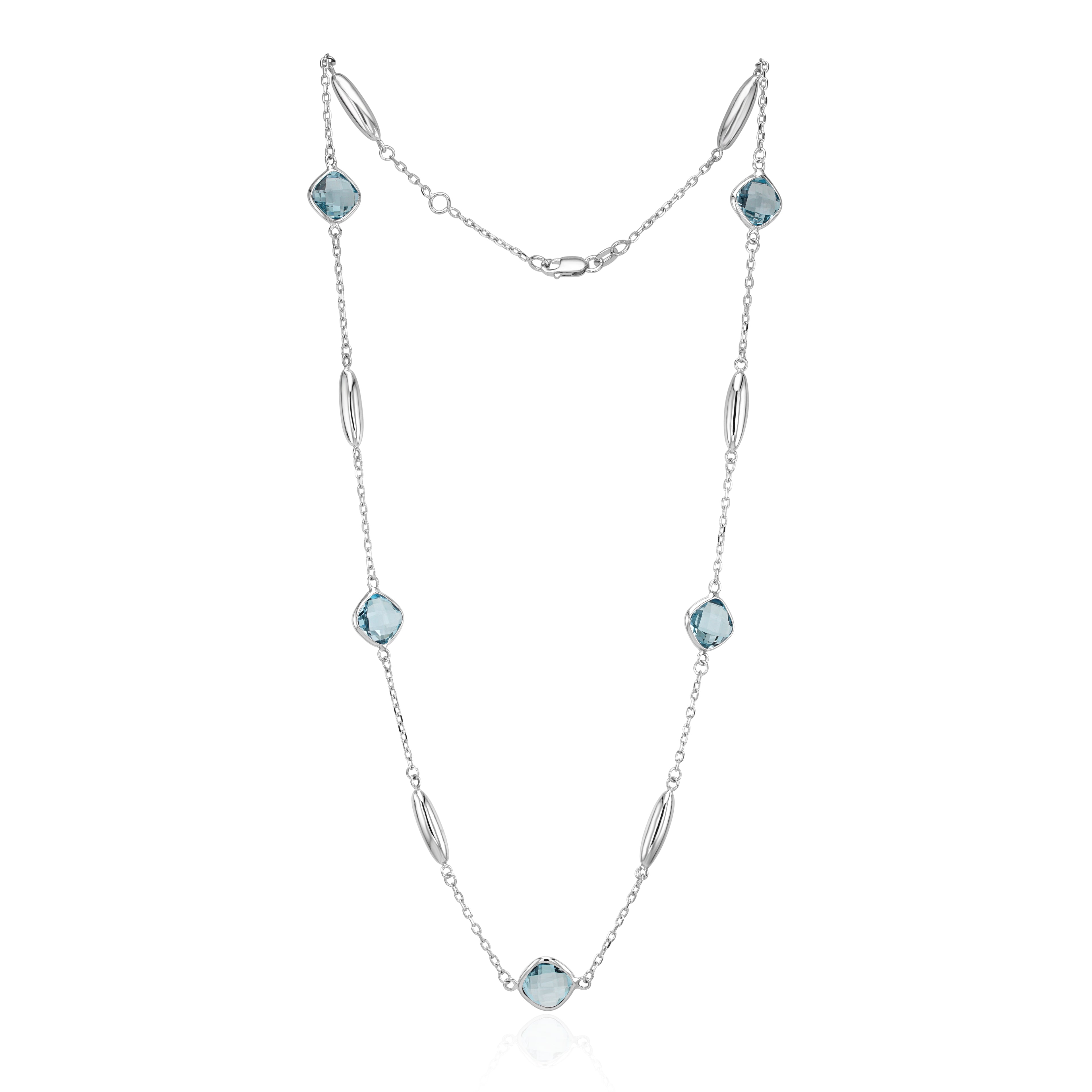 9ct White Gold Checkerboard Cushion Blue Topaz Polished Torpedo Motif and Chain Necklace