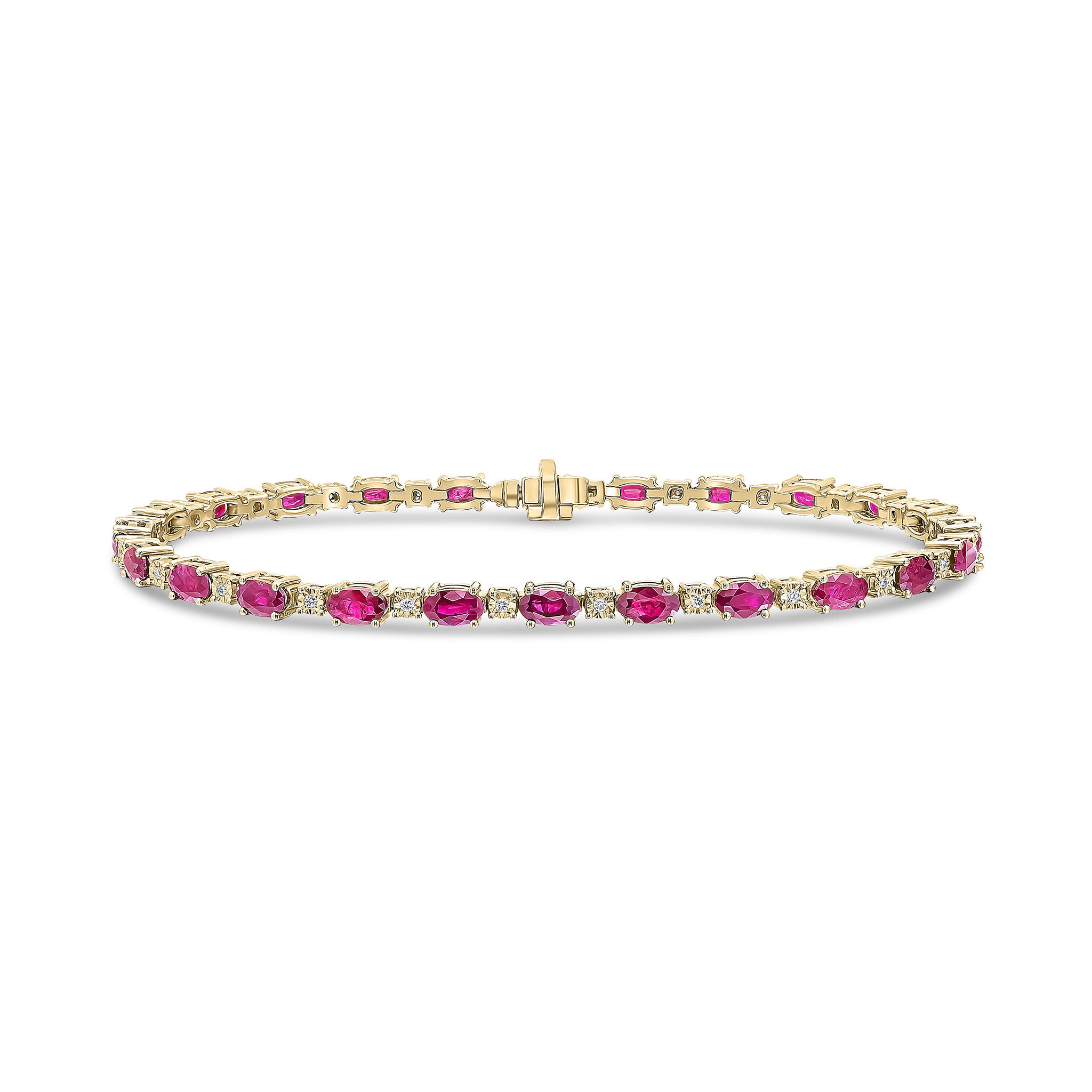 18ct Yellow Gold Claw Set Oval Ruby and White Gold Illusion Set Diamond Line Bracelet