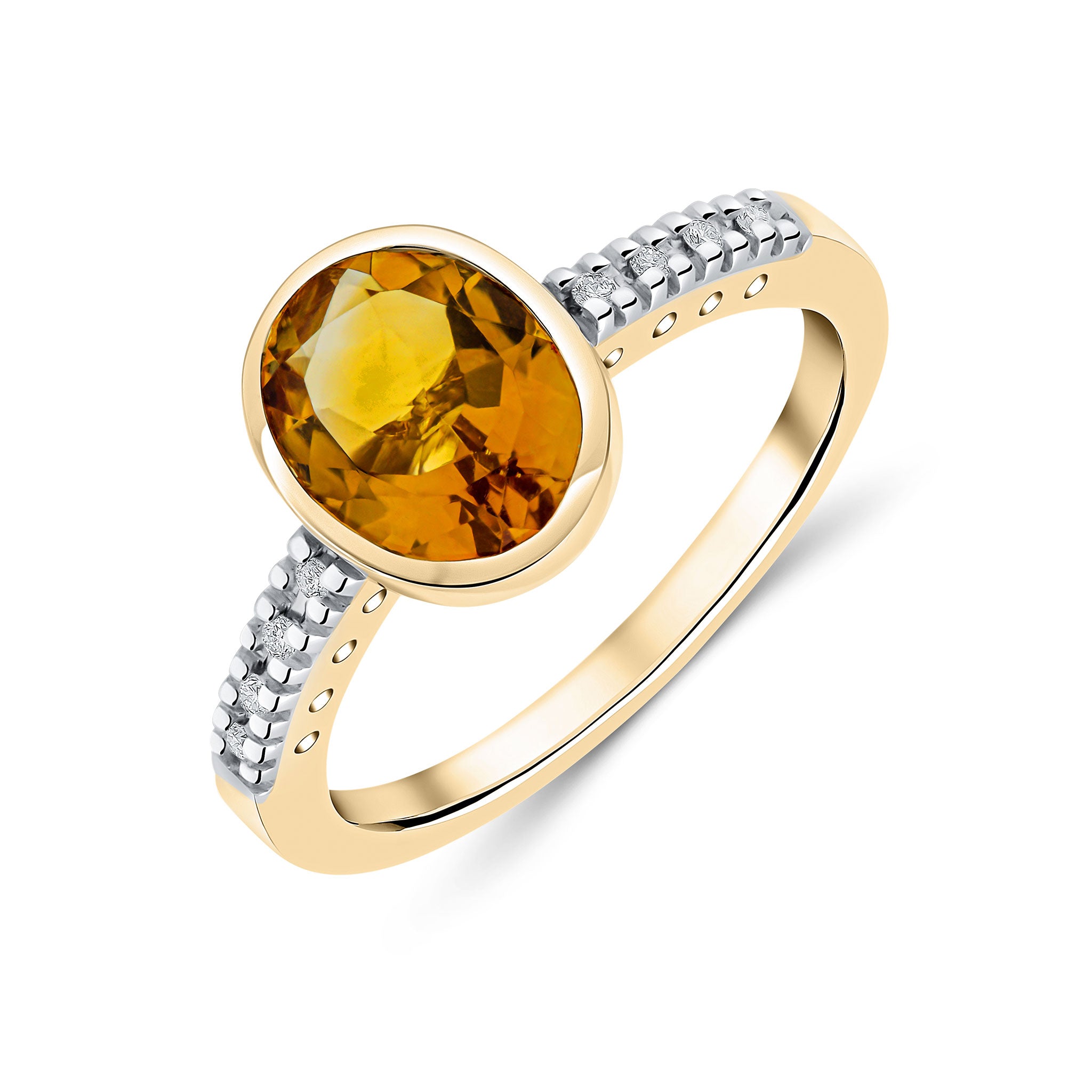 9ct Yellow Gold Rubover 9x7 Oval Citrine Single Stone Ring with Claw Set Diamond Shoulders