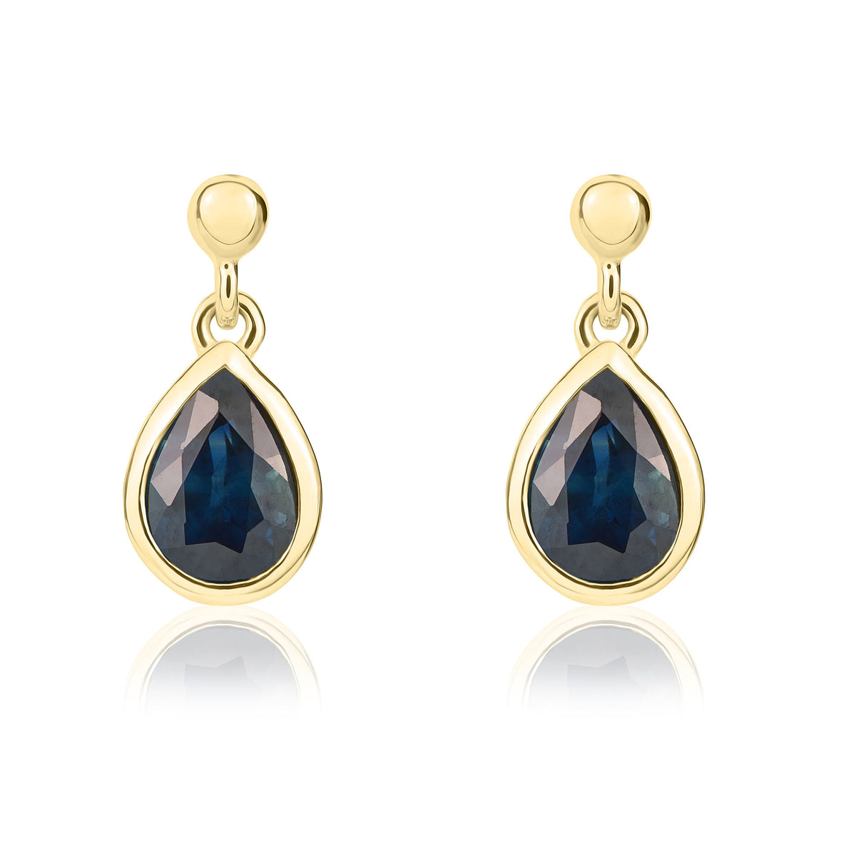 9ct Yellow Gold 6x4mm Pear Shape Sapphire Rubover Drop Earrings with 2.5mm Bead Top