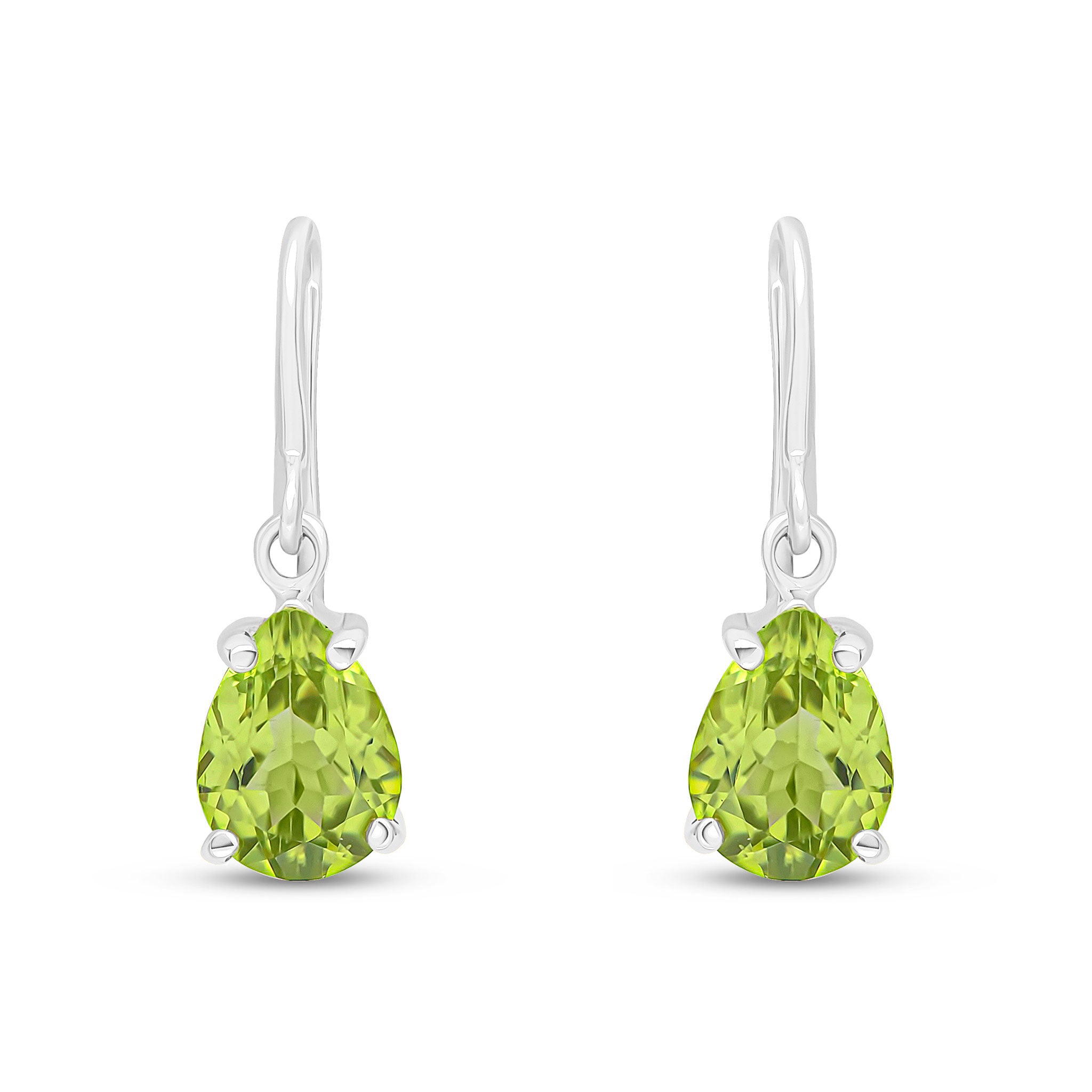 9ct White Gold 7x5 Pear Shape Peridot Claw Wire Hook Drop Earrings