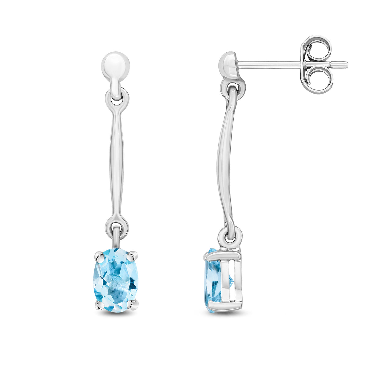 9ct White Gold Claw Set 6x4mm Oval Aquamarine and Bar Drop Earrings
