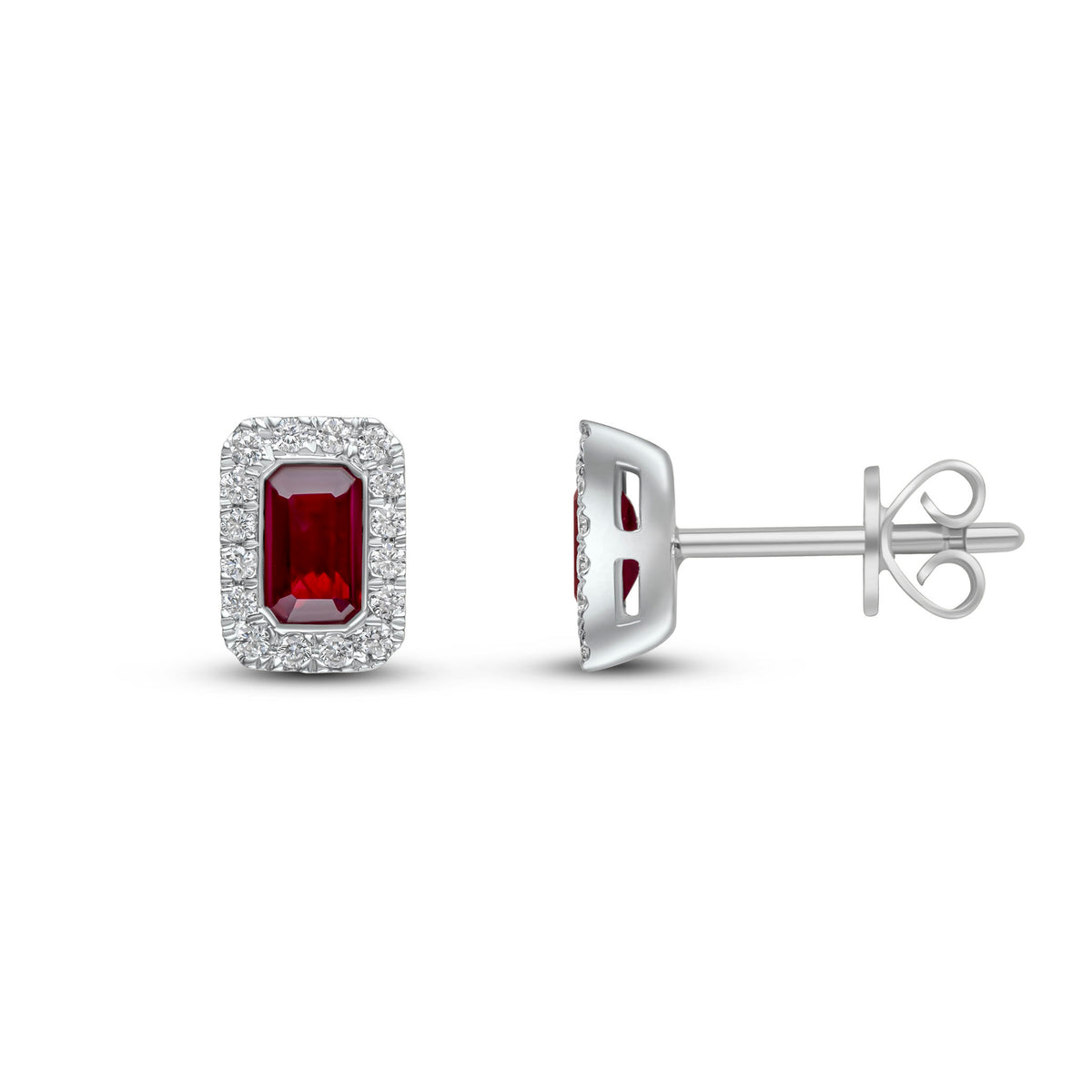18ct White Gold 5x3 Octagon Ruby & Diamond Microset Cluster Earrings