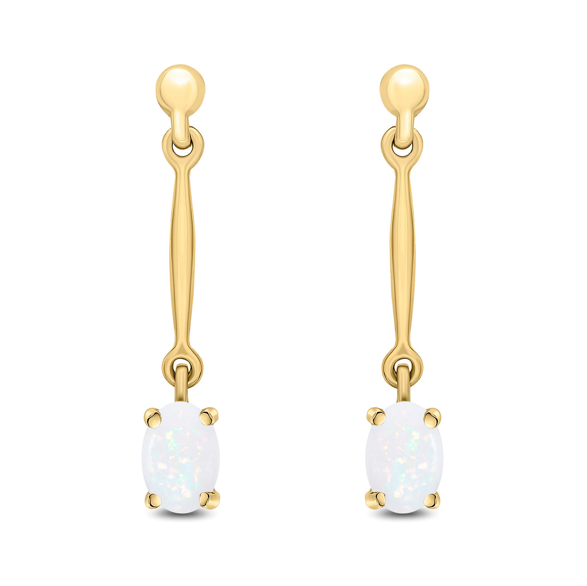 9ct Yellow Gold Claw Set 6x4mm Oval Opal and Bar Drop Earrings