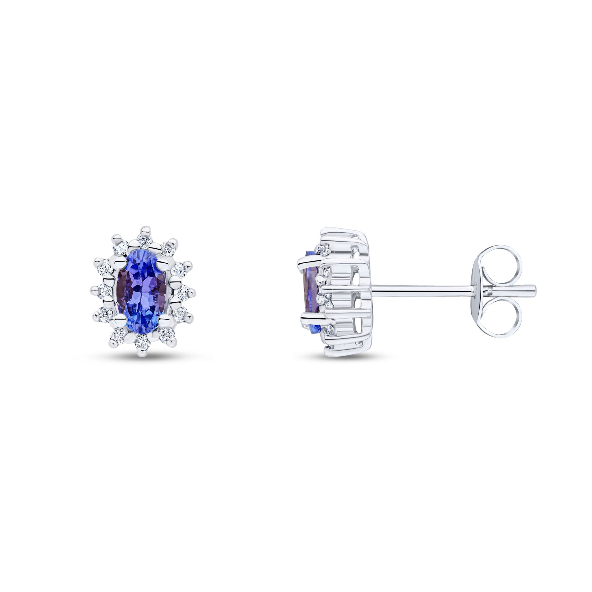 9ct White Gold 5x3 Oval Tanzanite & Diamond Claw Set Cluster Earrings