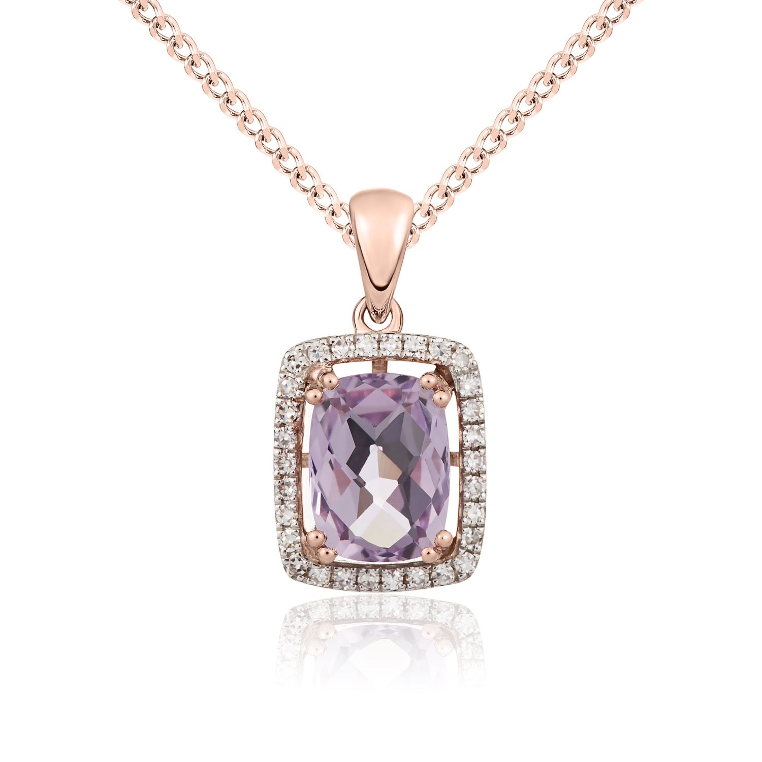 9ct rose gold cushion pink amethyst & diamond cluster