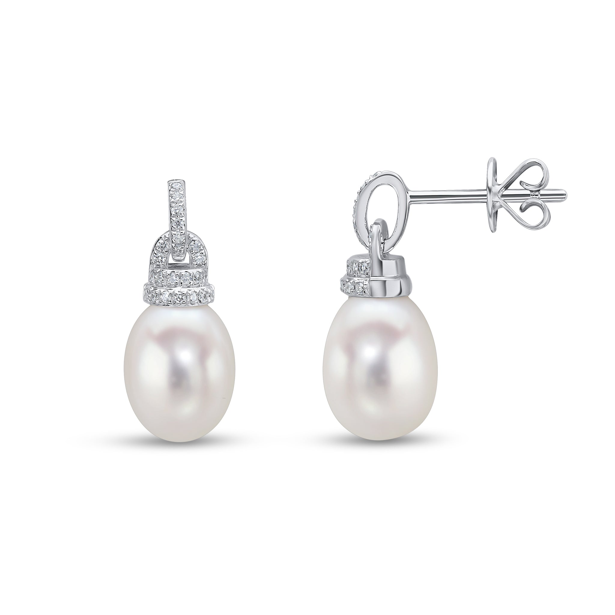 18ct White Gold Cfw Pearl,diamond Line and Cap Drop Earrings