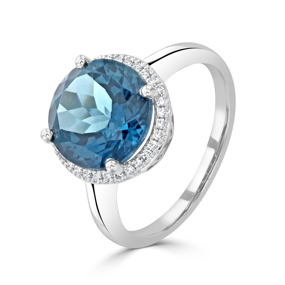 9ct White Gold 10mm Round London Blue Topaz & Diamond Cluster Ring