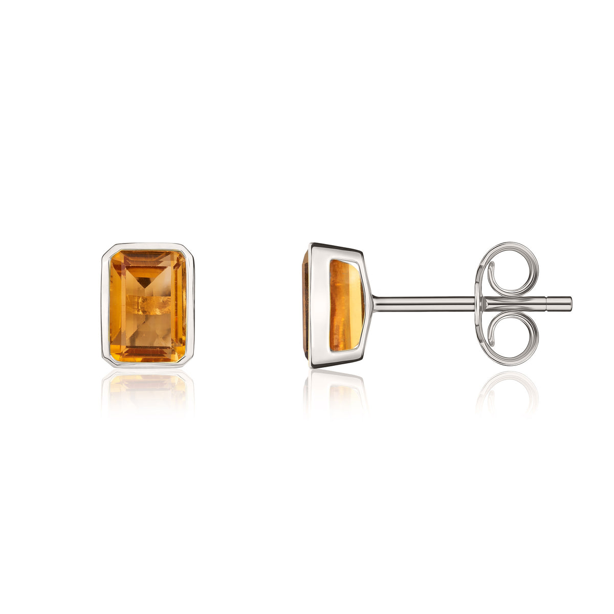 9ct White Gold 7x5 Octagonal Citrine Rubover Stud Earrings