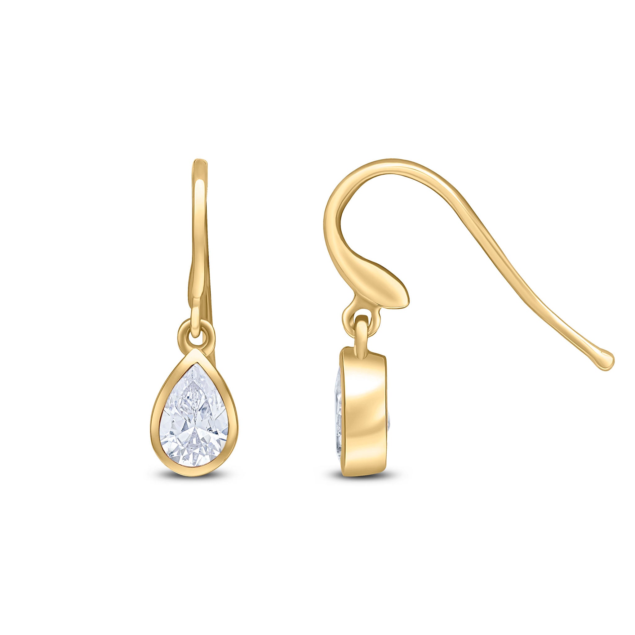 9ct Yellow Gold 6x4 Pear Shape CZ Rubover Drop Earrings Hook Wire Fitting