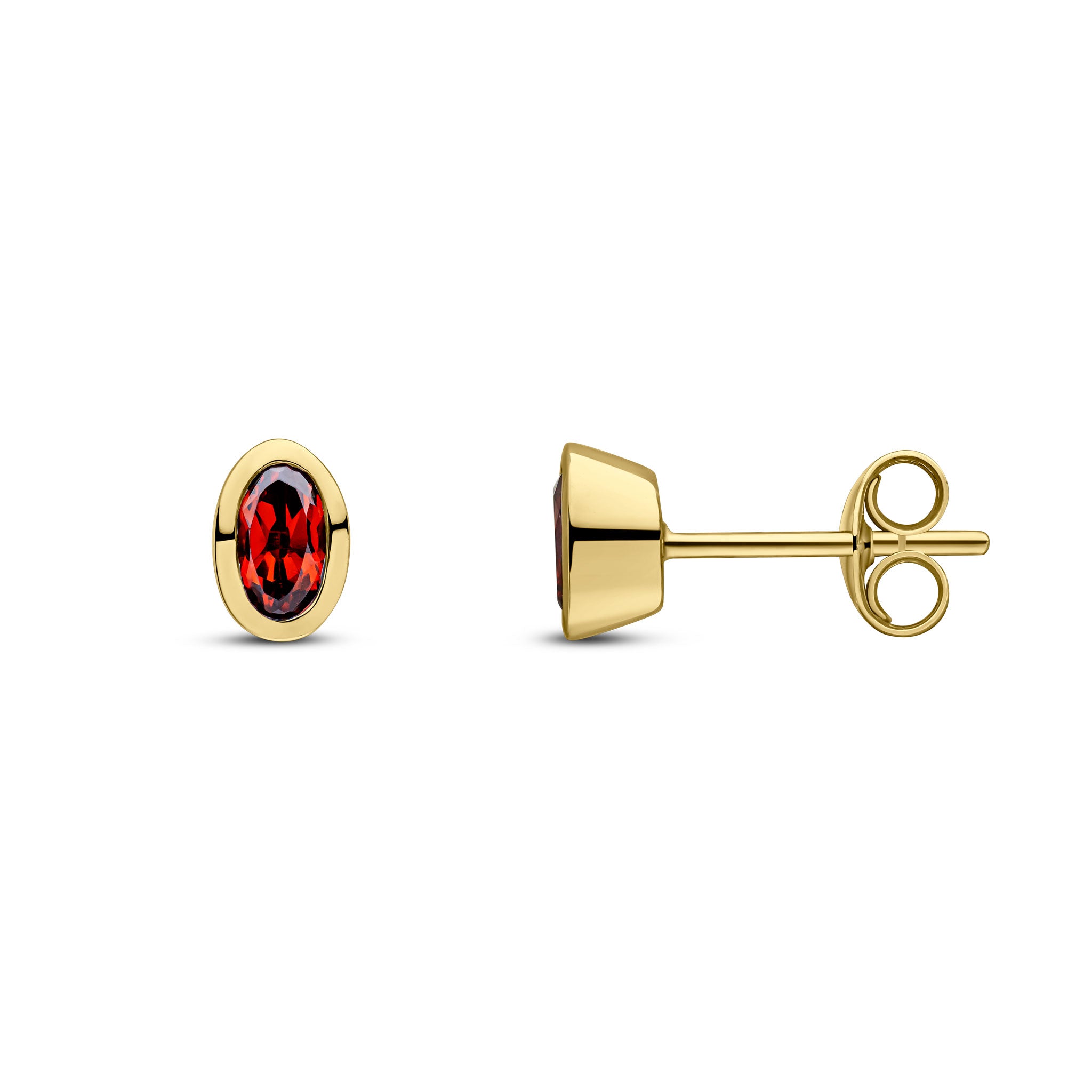 9ct Yellow Gold 5x3 Oval Garnet Rubover Stud Earrings