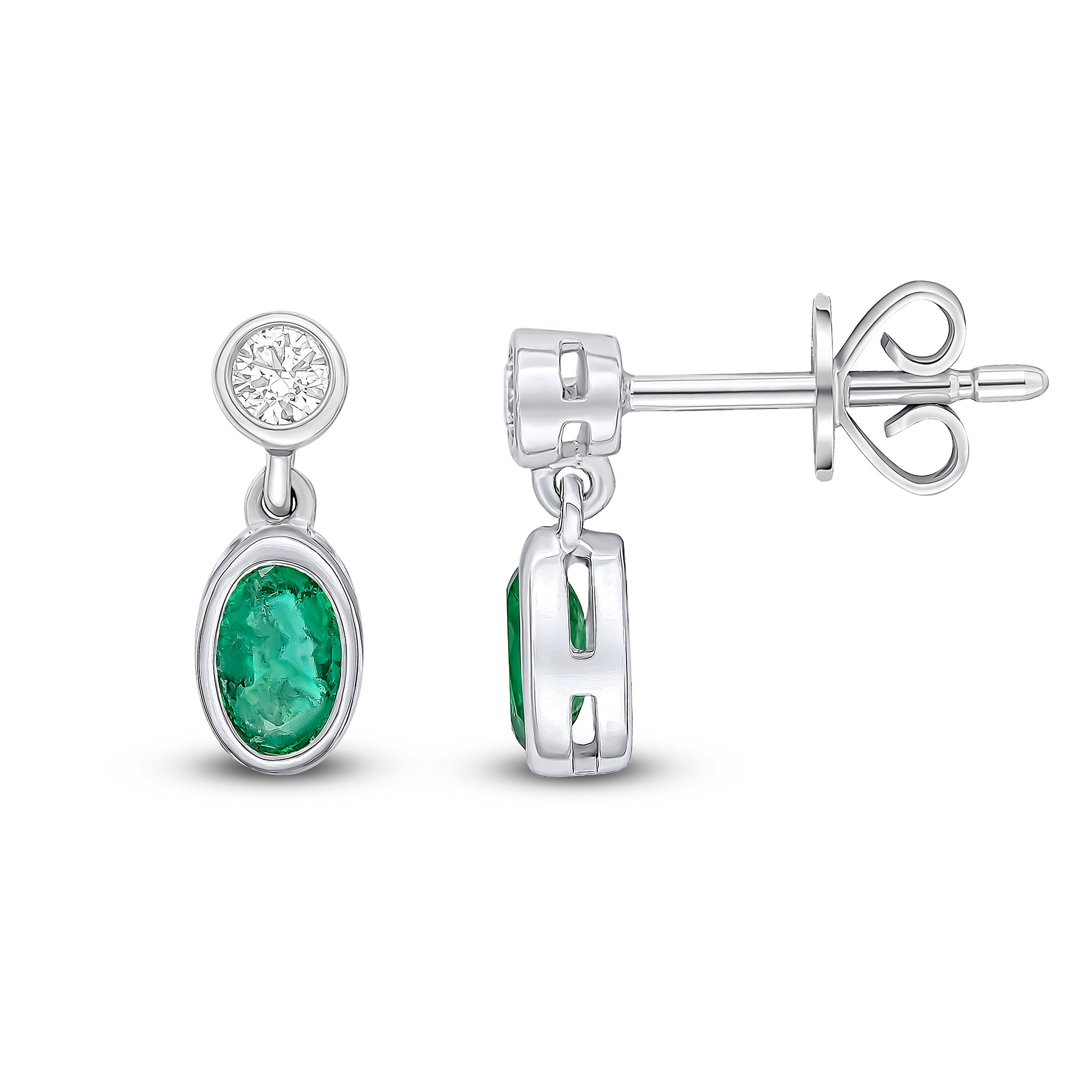 18ct White Gold Oval Emerald and Round Diamond 2 Stone Rubover Drop Earrings