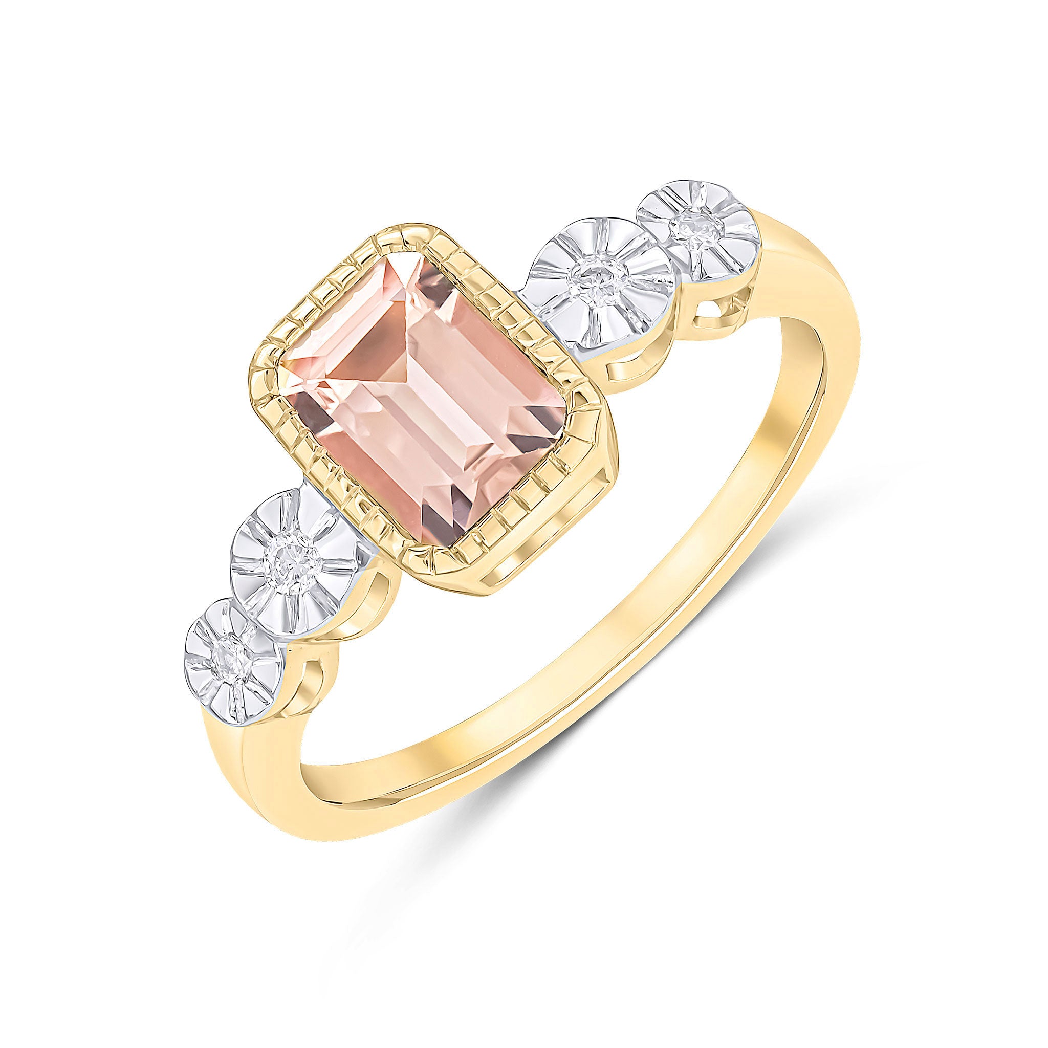 9ct Yellow Gold Milgrain Octagon Morganite and Illusion Diamond 4 Stone Shoulders Ring