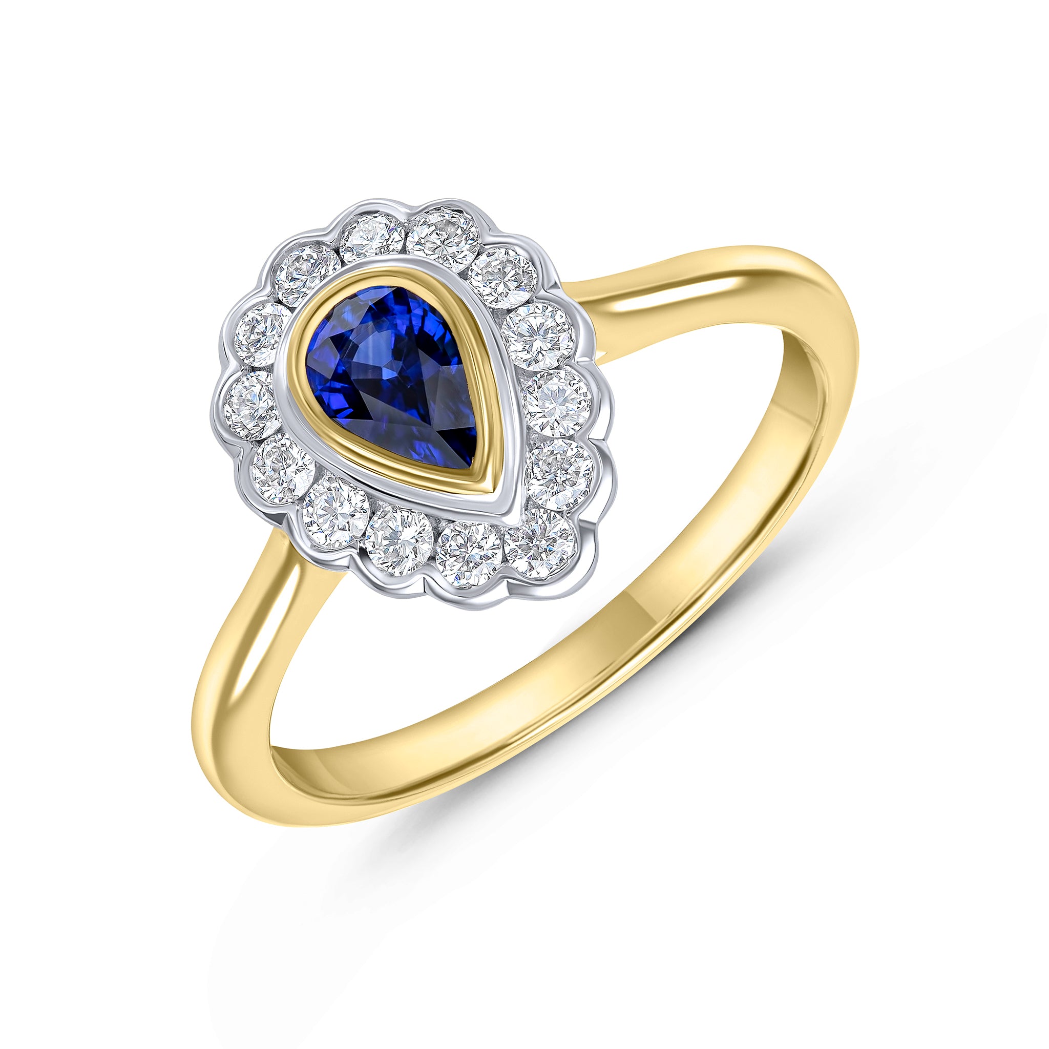 18ct Ywg Pear Shape Sapphire and Round Diamond Rubover Cluster Ring