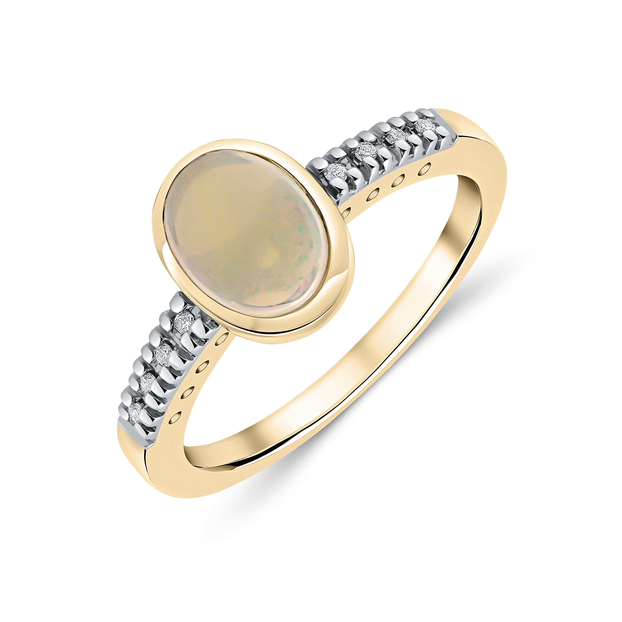 9ct Yellow Gold Rubover 8x6 Oval Opal Single Stone Ring with Claw Set Diamond Shoulders Rhodium to Diamonds