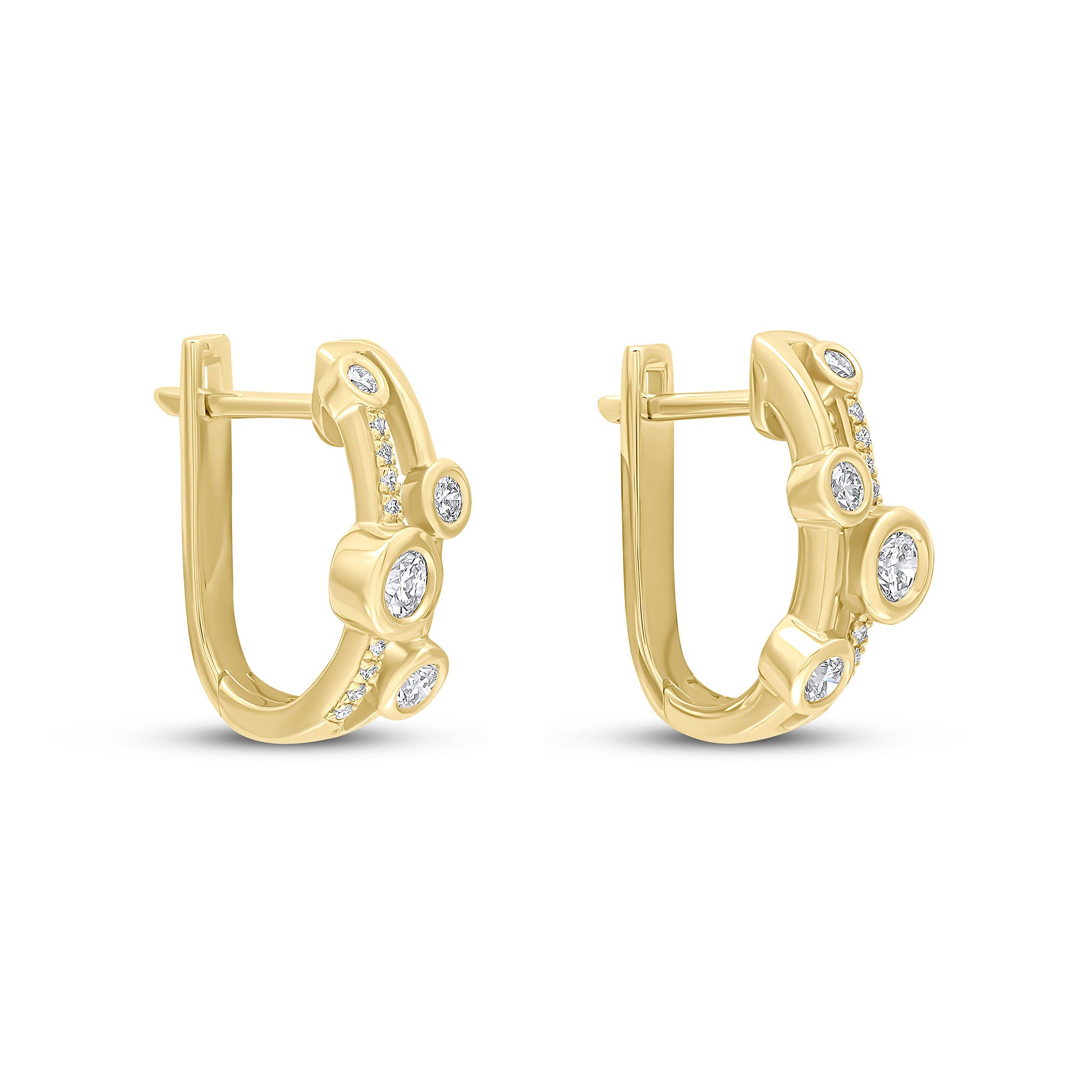 18ct Yellow Gold Round Diamond Rubover and Grain Set 2 Row Hinged Half Hoop Earrings