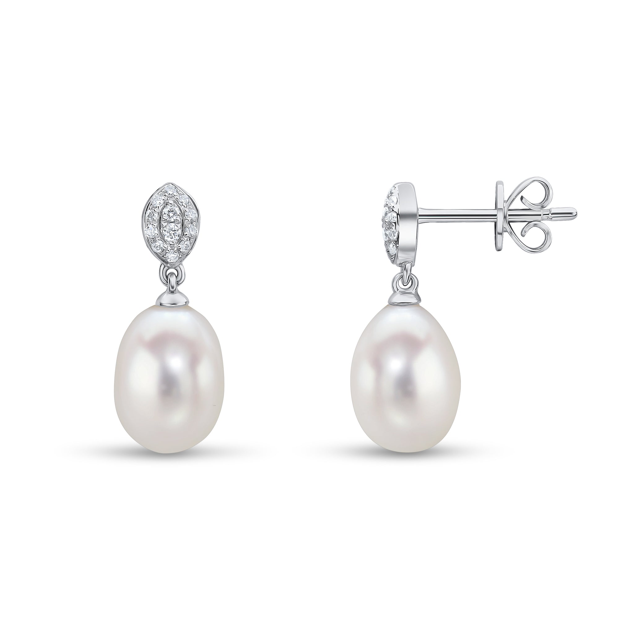 18ct White Gold Freshwater Cultured Pearl and Diamond Marquise-Shaped Top Drop Earrings