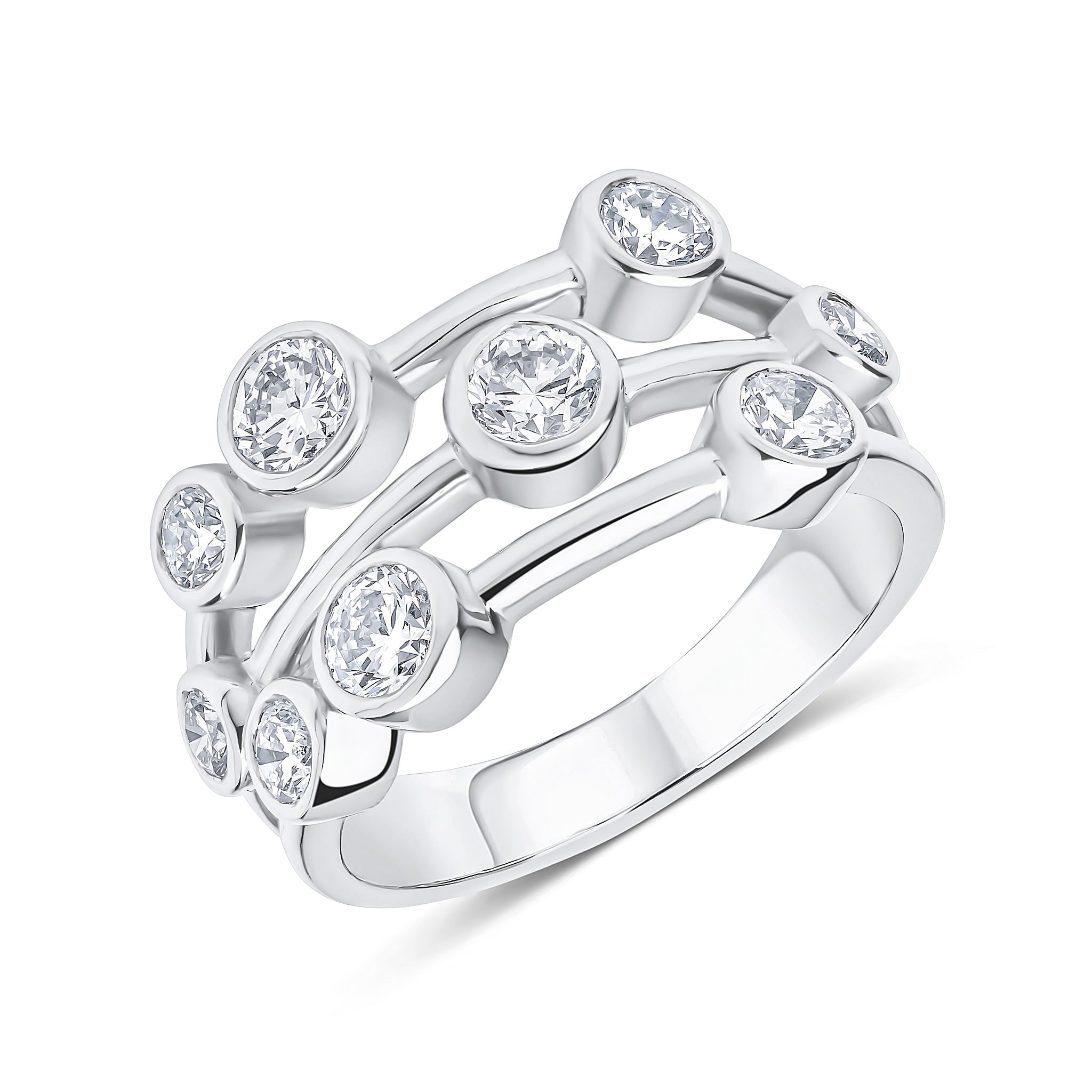 18ct White Gold Diamond 3 Row Bubble Ring 1.50ct Total