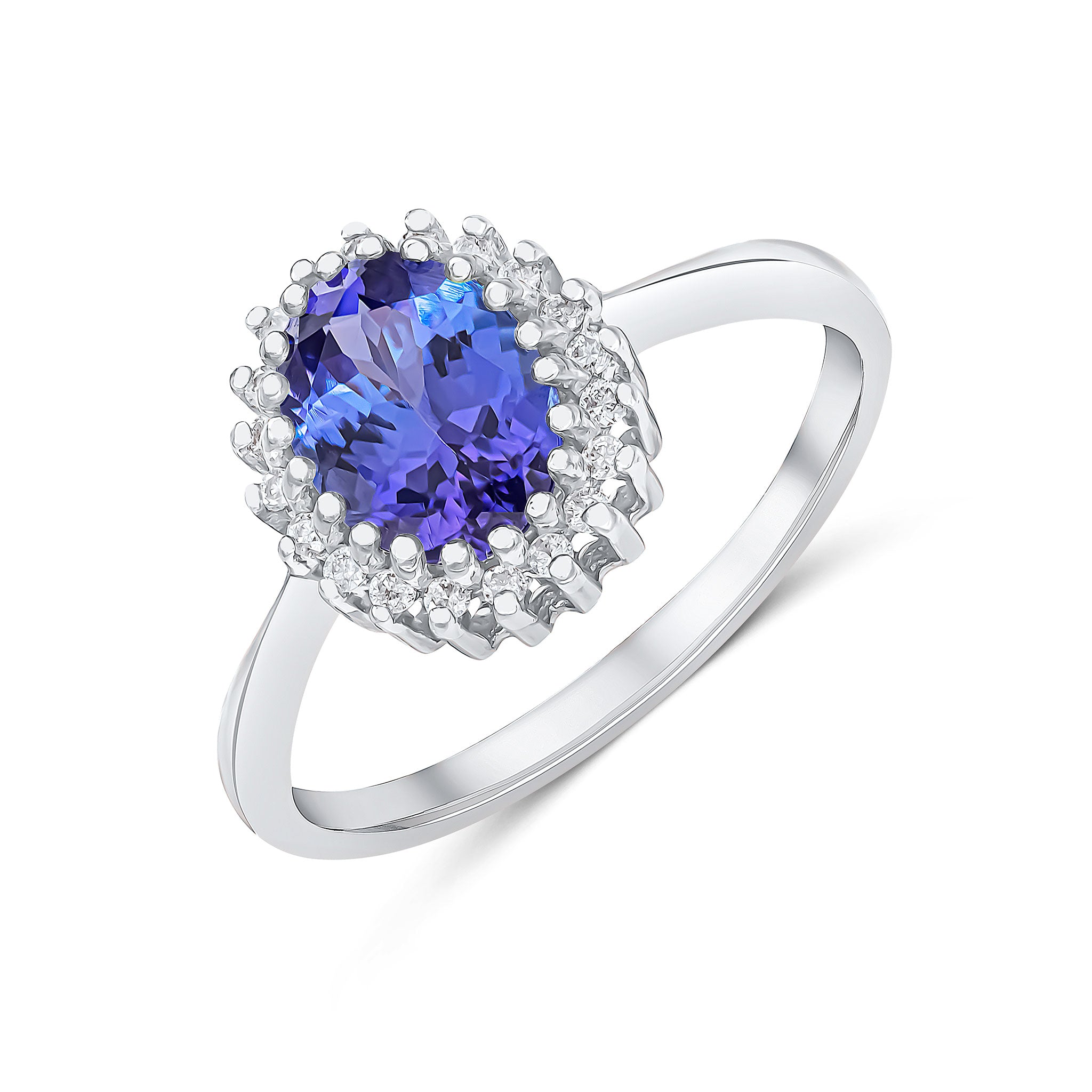 9CT WG 8X6 OVAL TANZANITE & DIAMOND CLUSTER CLAW SET RING 1