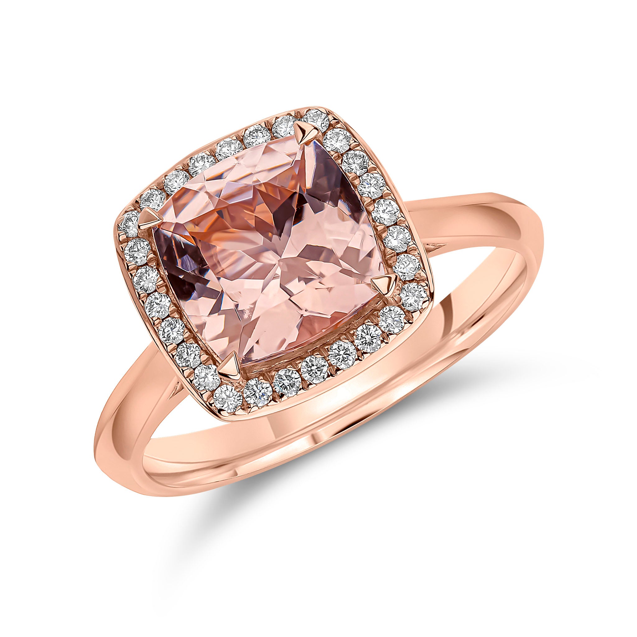 18ct Rose Gold Claw Set 8mm Cushion Morganite and Grain Set Diamond Claw Set Cluster Ring