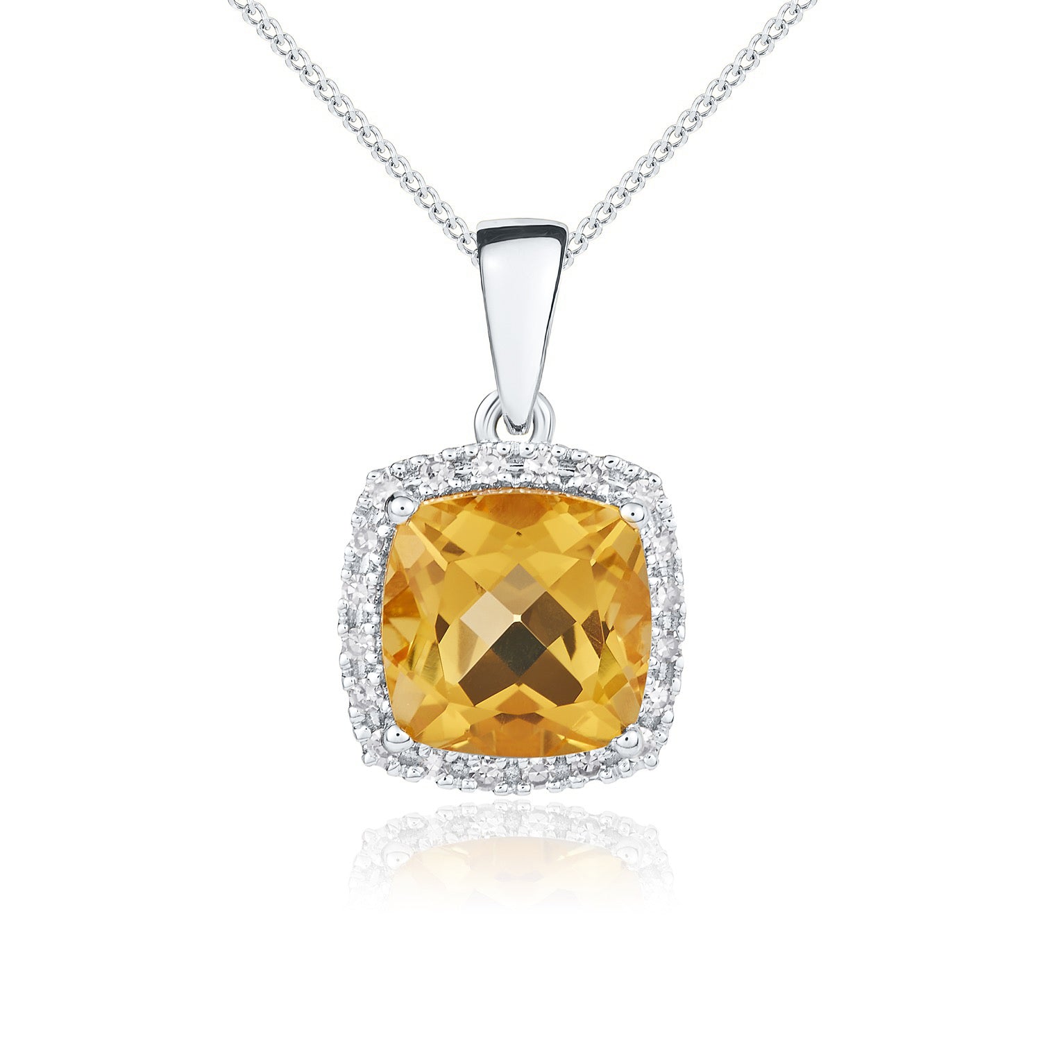 9ct White Gold 8mm Cushion Citrine and Round Diamond Claw Cluster Pendant