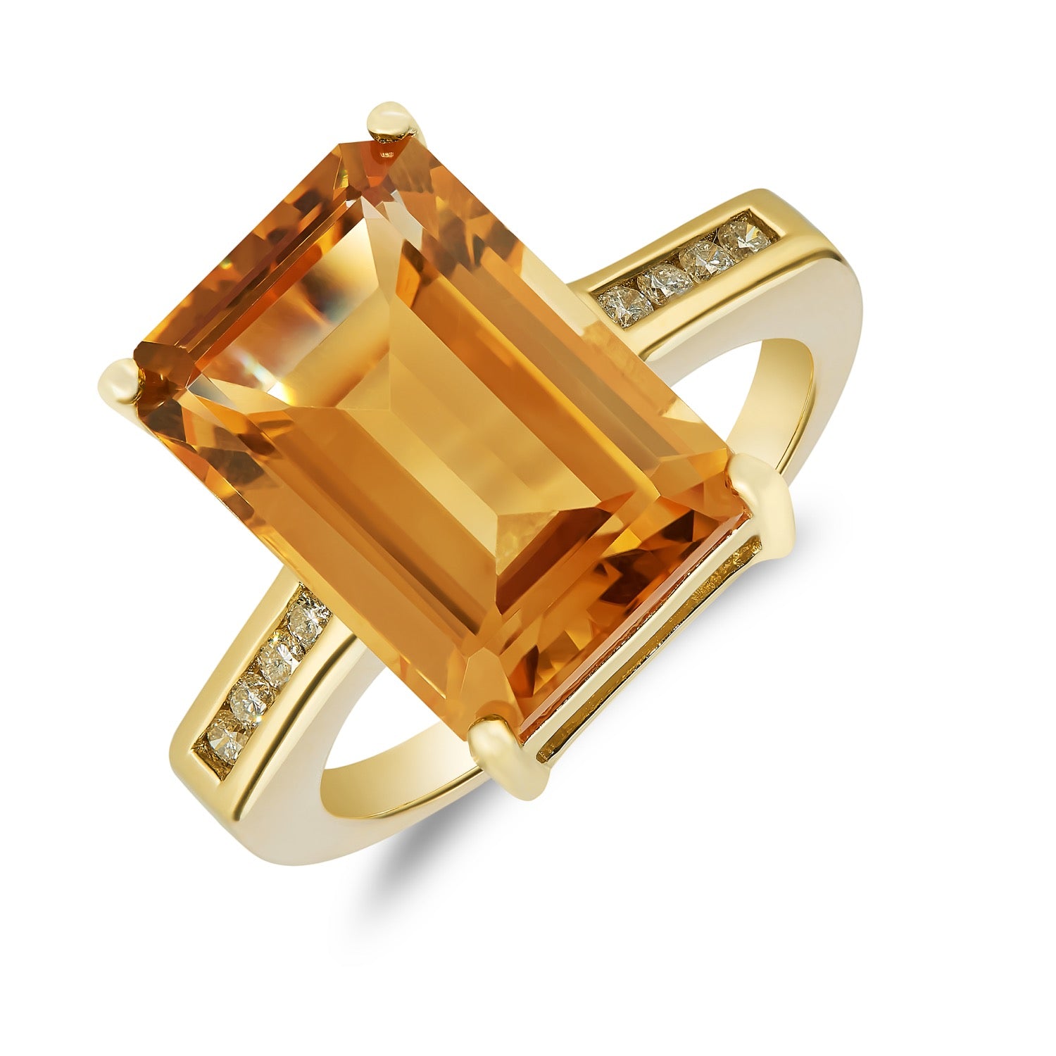 9ct Yellow Gold Claw Set 14x10 Octagon Citrine Single Stone Ring with Round Diamond Channel Set Shoulders