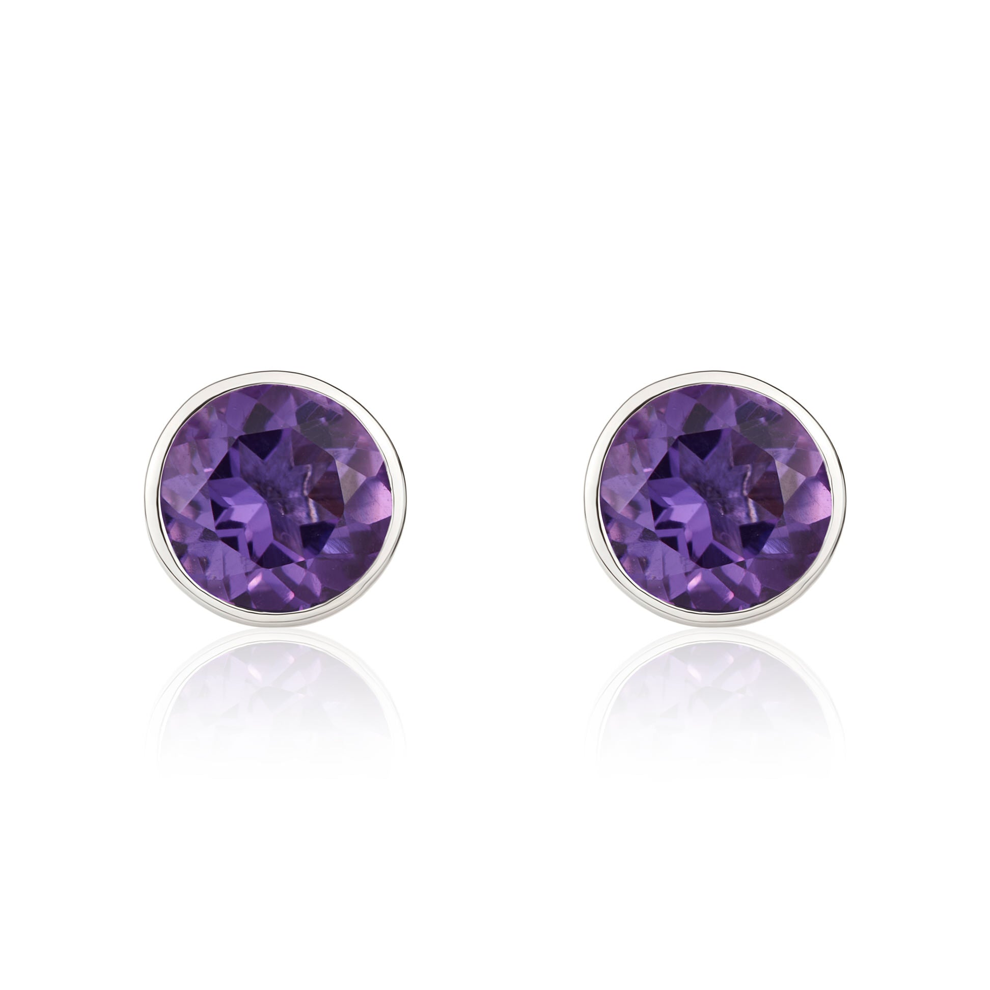 9ct White Gold Round Amethyst Rubover Stud Earrings