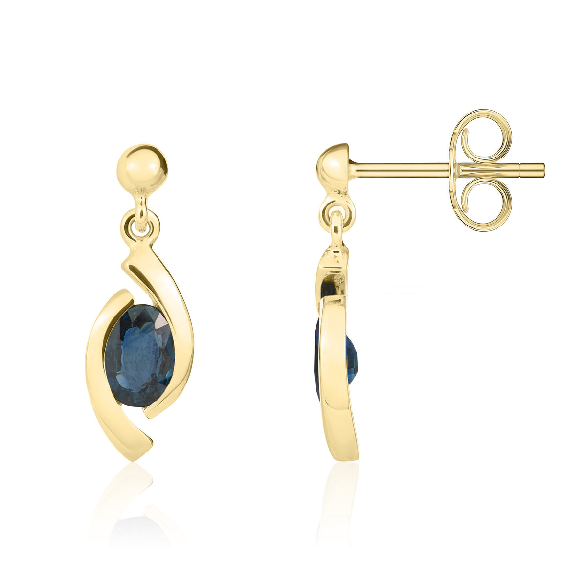 18ct Yellow Gold 6x4 Oval Sapphire 'eye' Drop Earrings with 3mm Bead Top