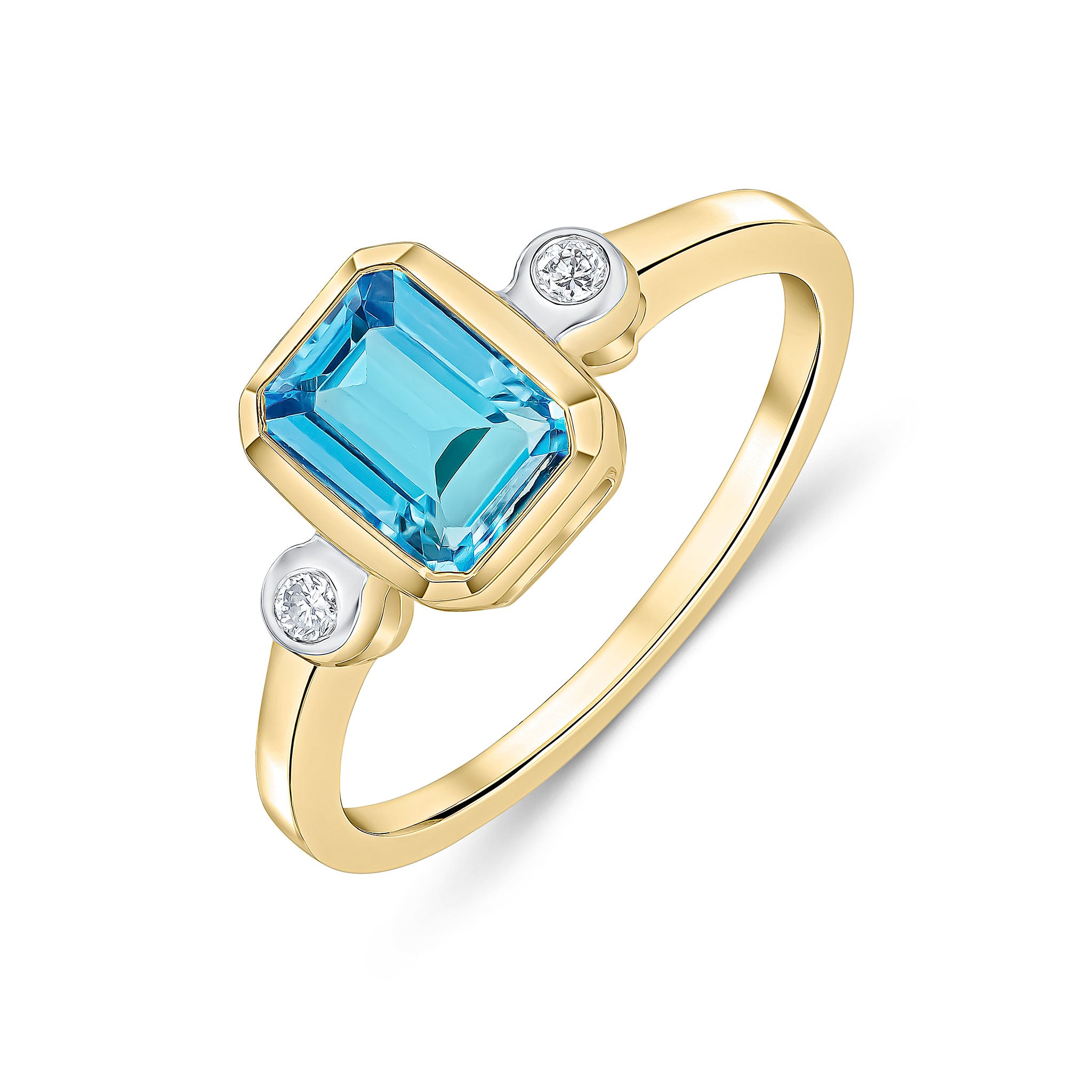 9CT YG 7X5 OCTAGON SWISS BLUE TOPAZ AND ROUND DIAMOND 3ST RUBOVER RING. RHODIUM TO DIAMONDS 1