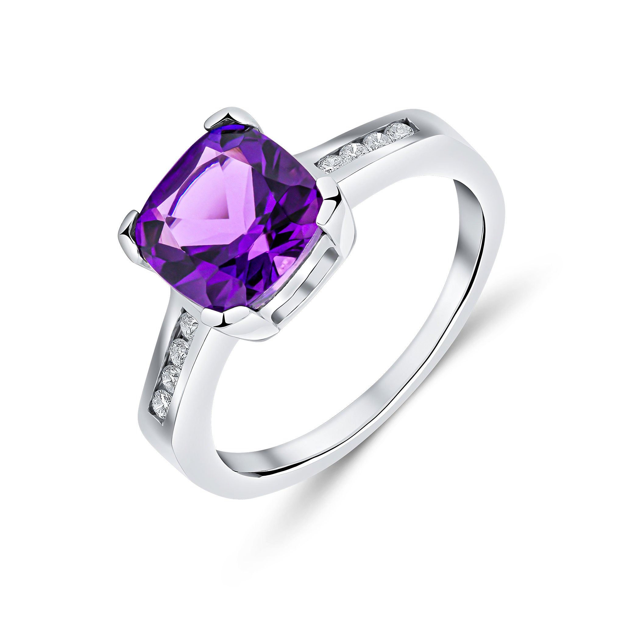 9ct White Gold Claw Set Cushion Amethyst Single Stone Ring with Channel Set Diamond Shoulders