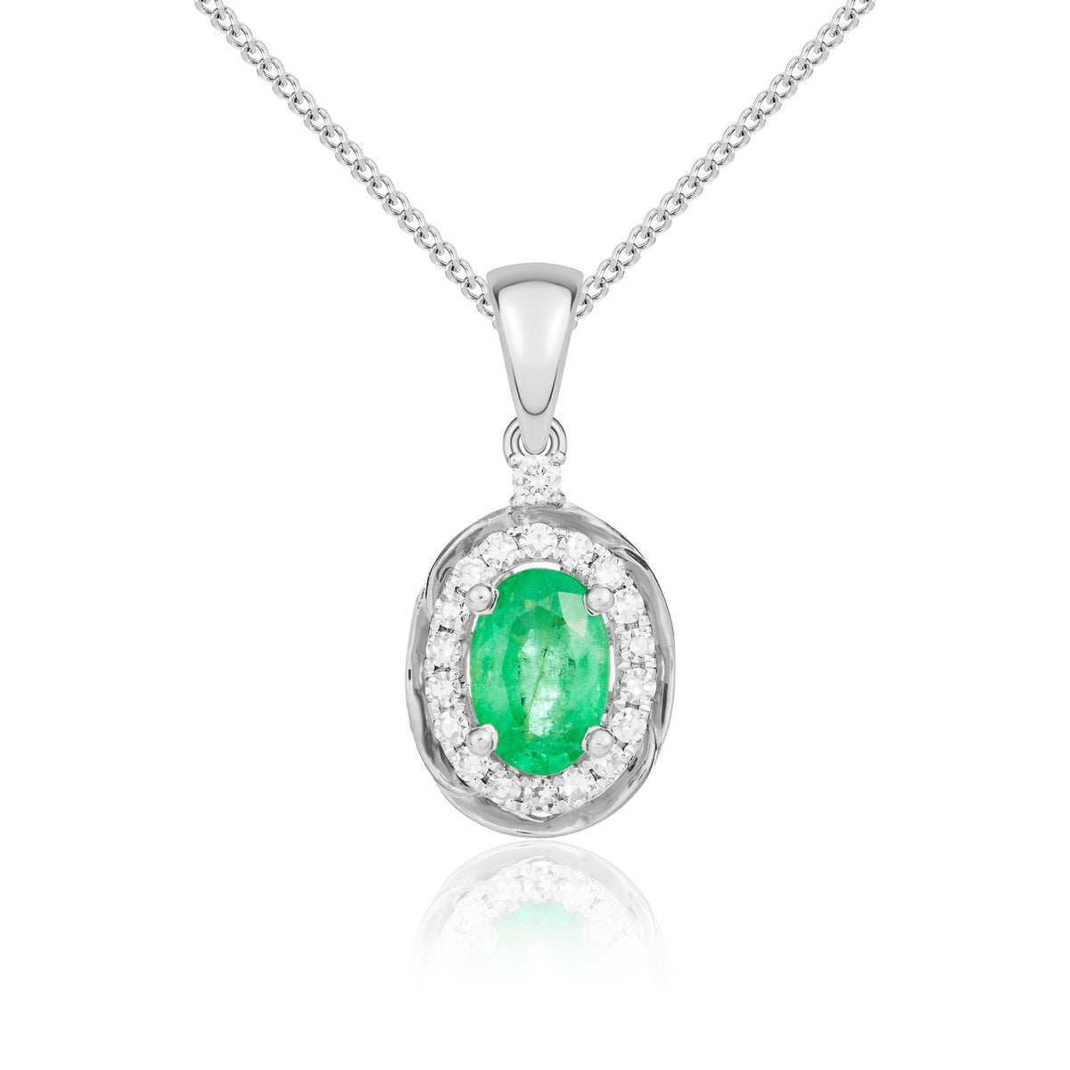 9ct White Gold 6x4 Oval Emerald & Diamond Cluster Pendant with Rope Edge