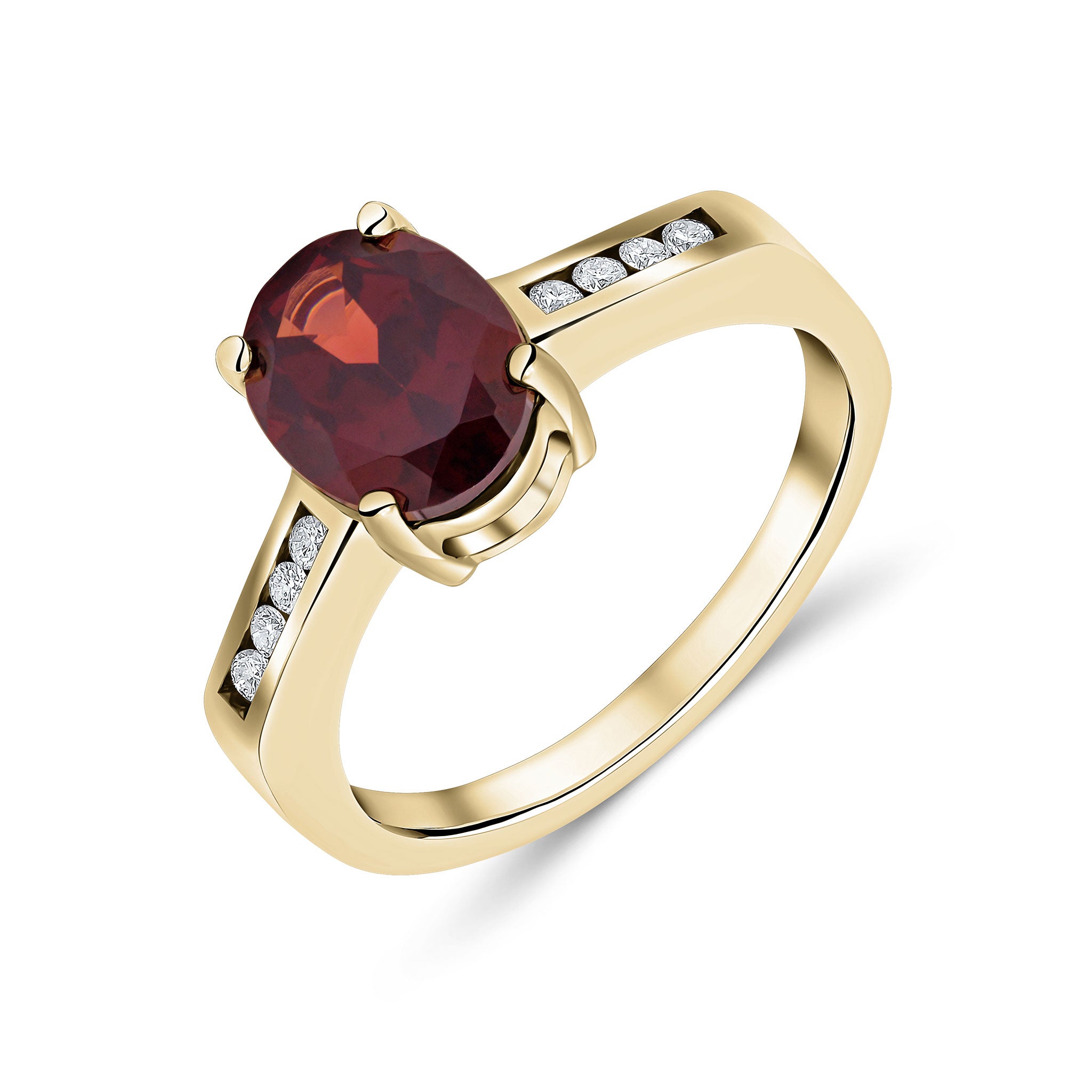9ct Yellow Gold 9x7mm Claw Set Oval Garnet Single Stone Ring with Channel Set Diamond Shoulders