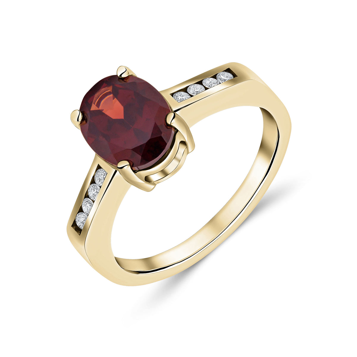 9ct Yellow Gold 9x7mm Claw Set Oval Garnet Single Stone Ring with Channel Set Diamond Shoulders