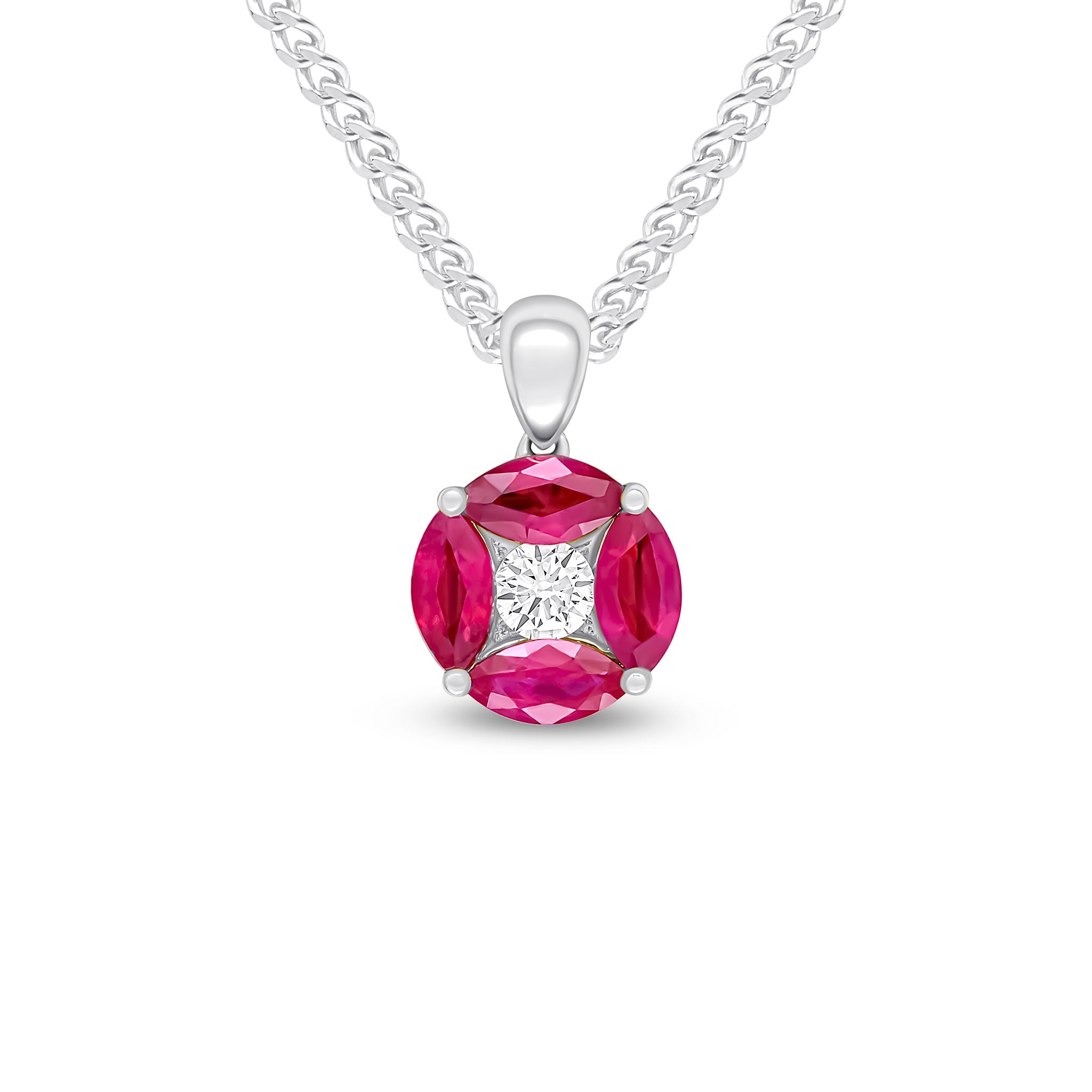18ct White Gold Marquise Ruby and Round Diamond Claw Set Round Cluster Pendant