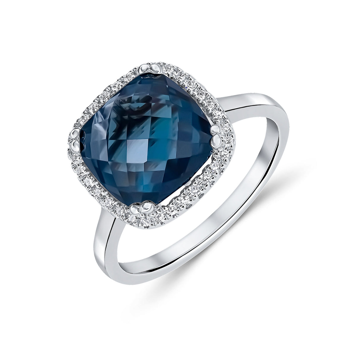 9ct White Gold 10mm Checkerboard Cut Cushion London Blue Topaz & Diamond Claw Set Cluster Ring