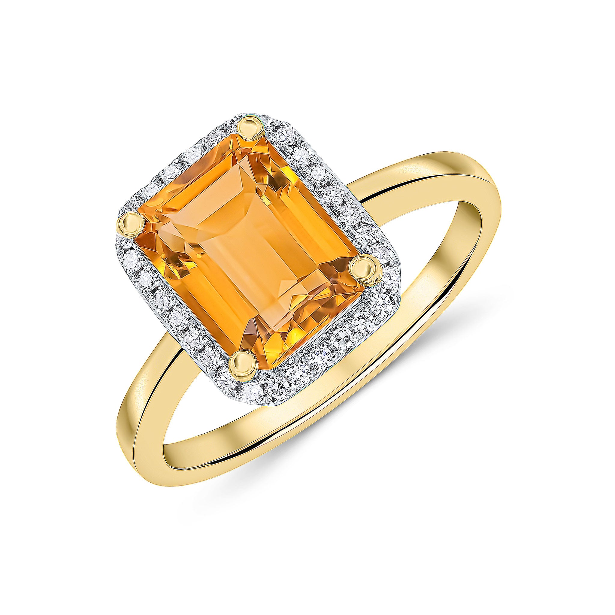 9ct Yellow Gold 9x7mm Octagon Citrine & Diamond Claw Set Cluster Ring Rhodium to Diamonds