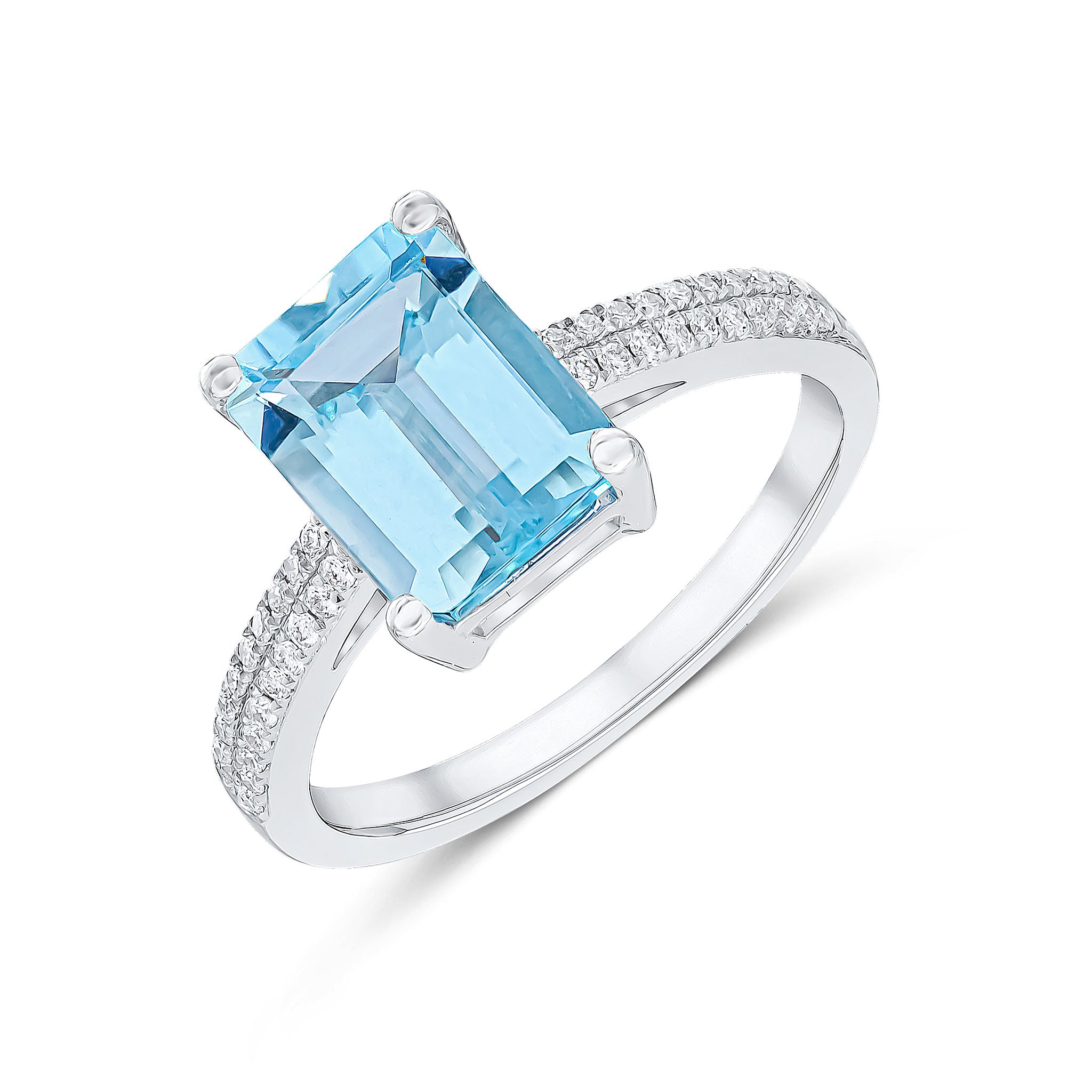 18ct White Gold Claw Set 9x7 Octagon Aquamarine Single Stone Ring with Grain Set Diamond 2 Row Shoulders