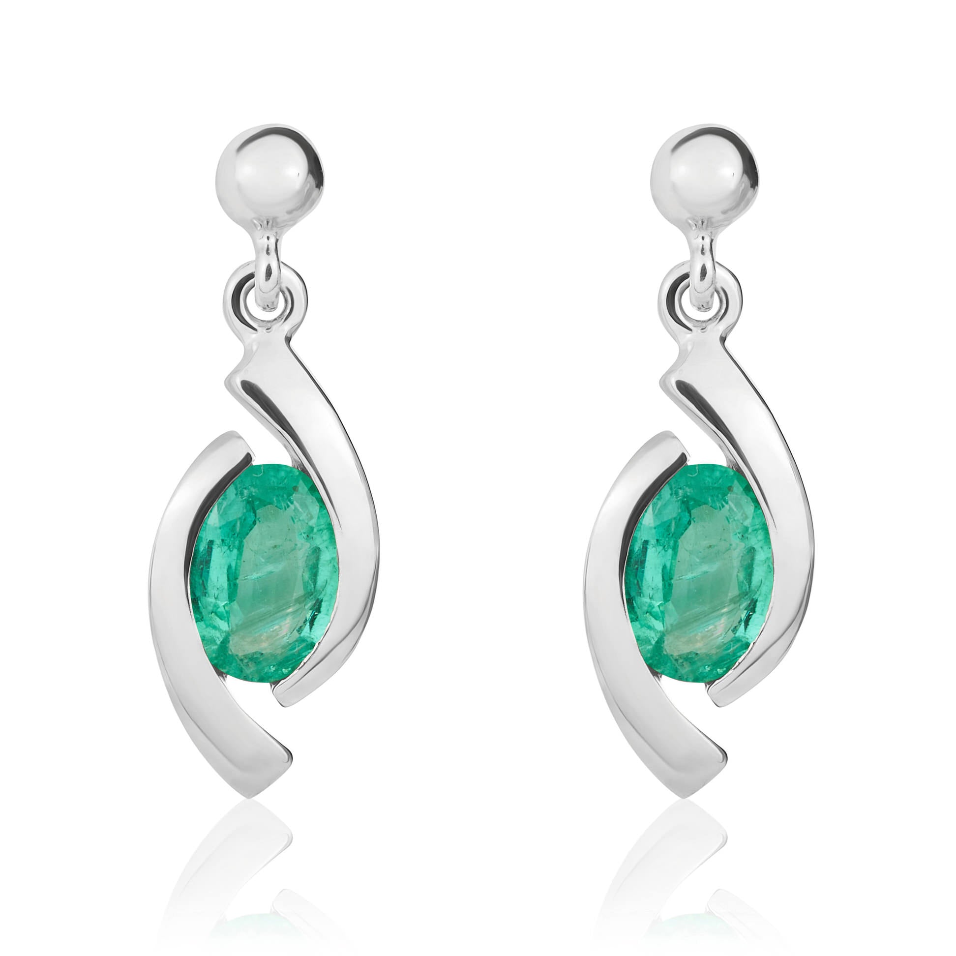 9ct White Gold 6x4 Oval Emerald 'eye' Drop Earrings with 3mm Bead Top