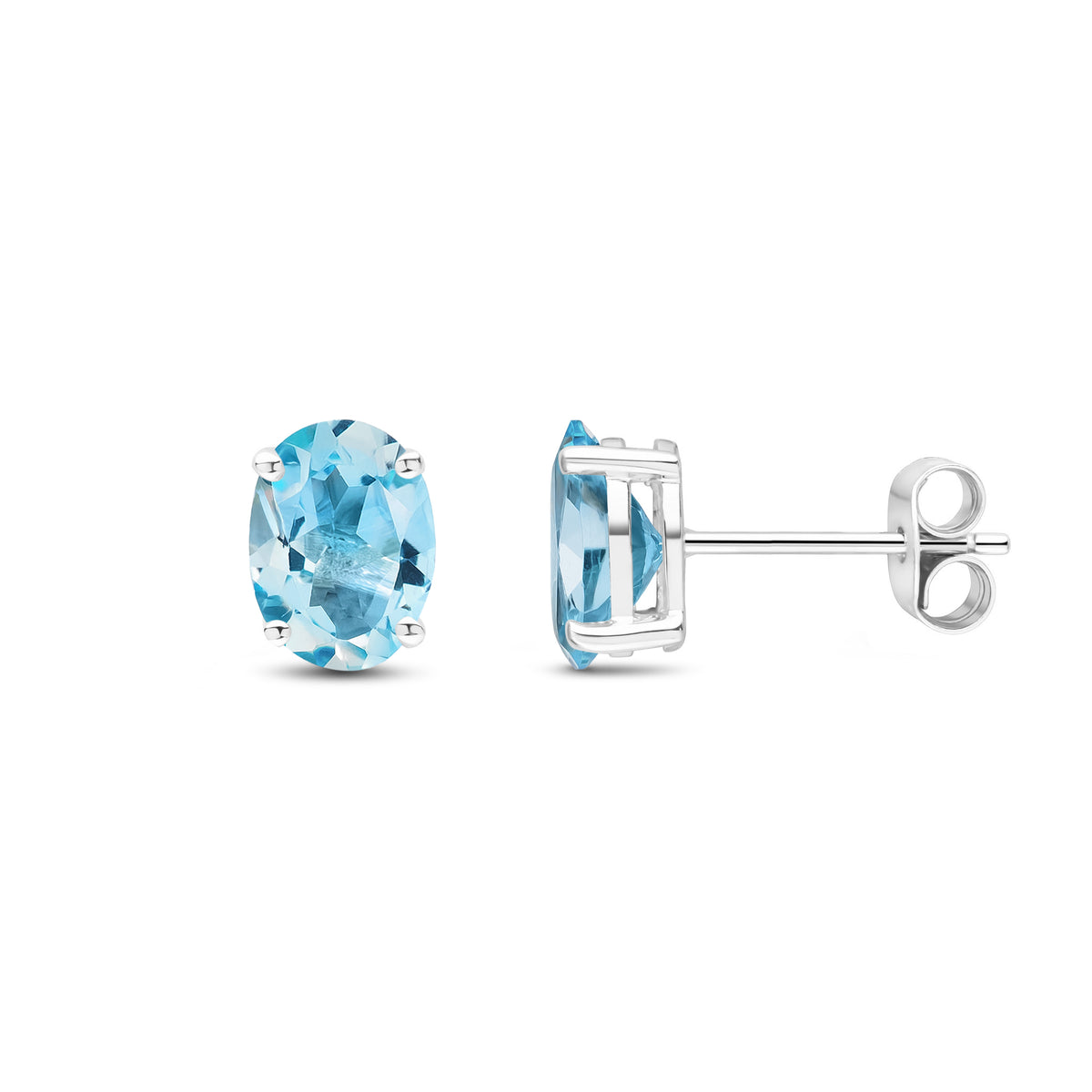 9ct White Gold 8x6 Oval Swiss Blue Topaz Claw Set Earrings