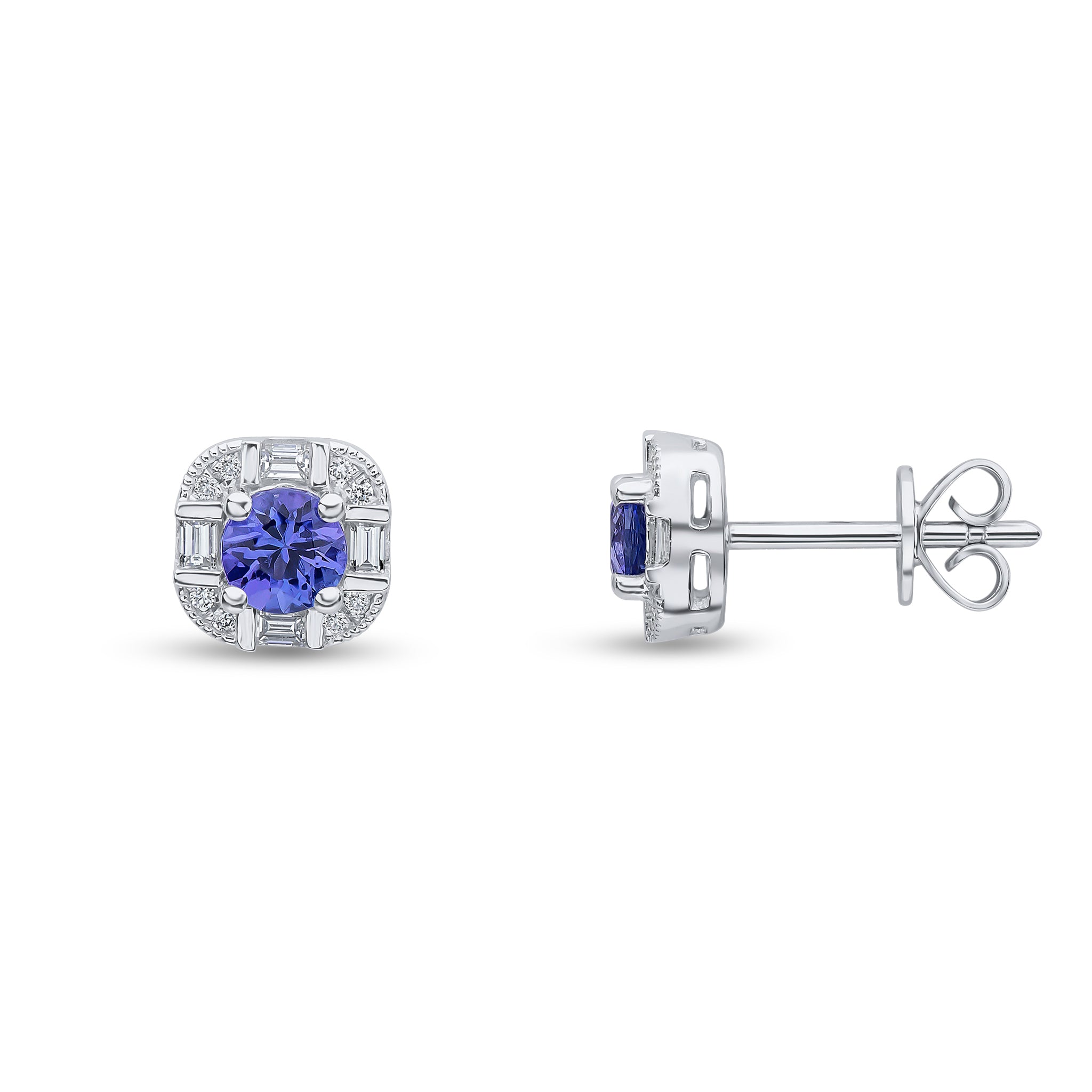 18ct White Gold Round Tanzanite and Round and Baguette Diamond Fancy Cluster Earrings
