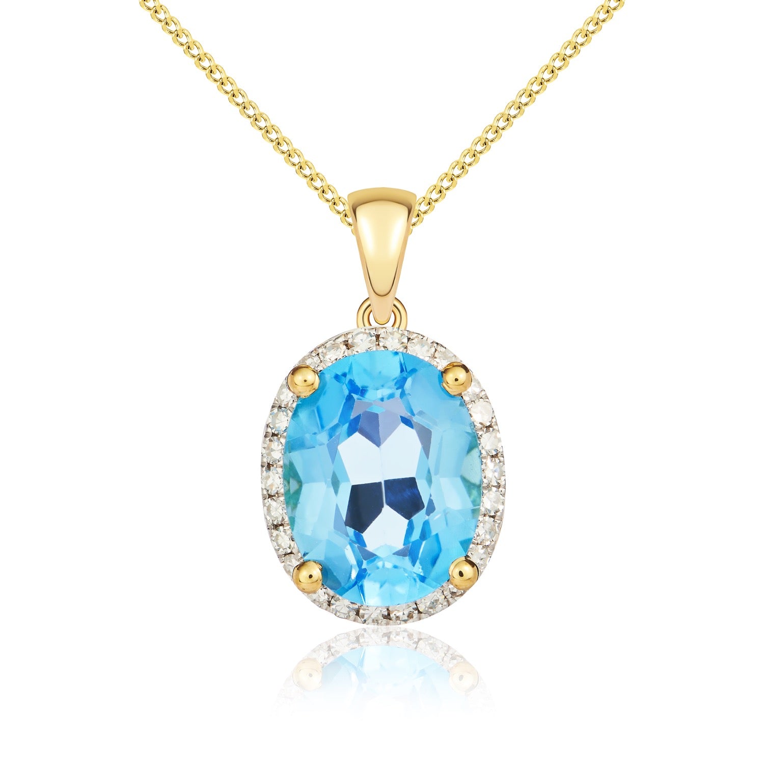 9ct Yellow Gold Oval Swiss Blue Topaz & Diamond Cluster Pendant