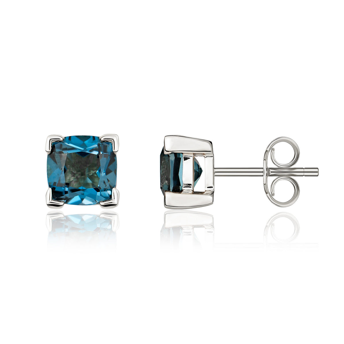 9ct White Gold 6mm Cushion London Blue Topaz Claw Set Earrings
