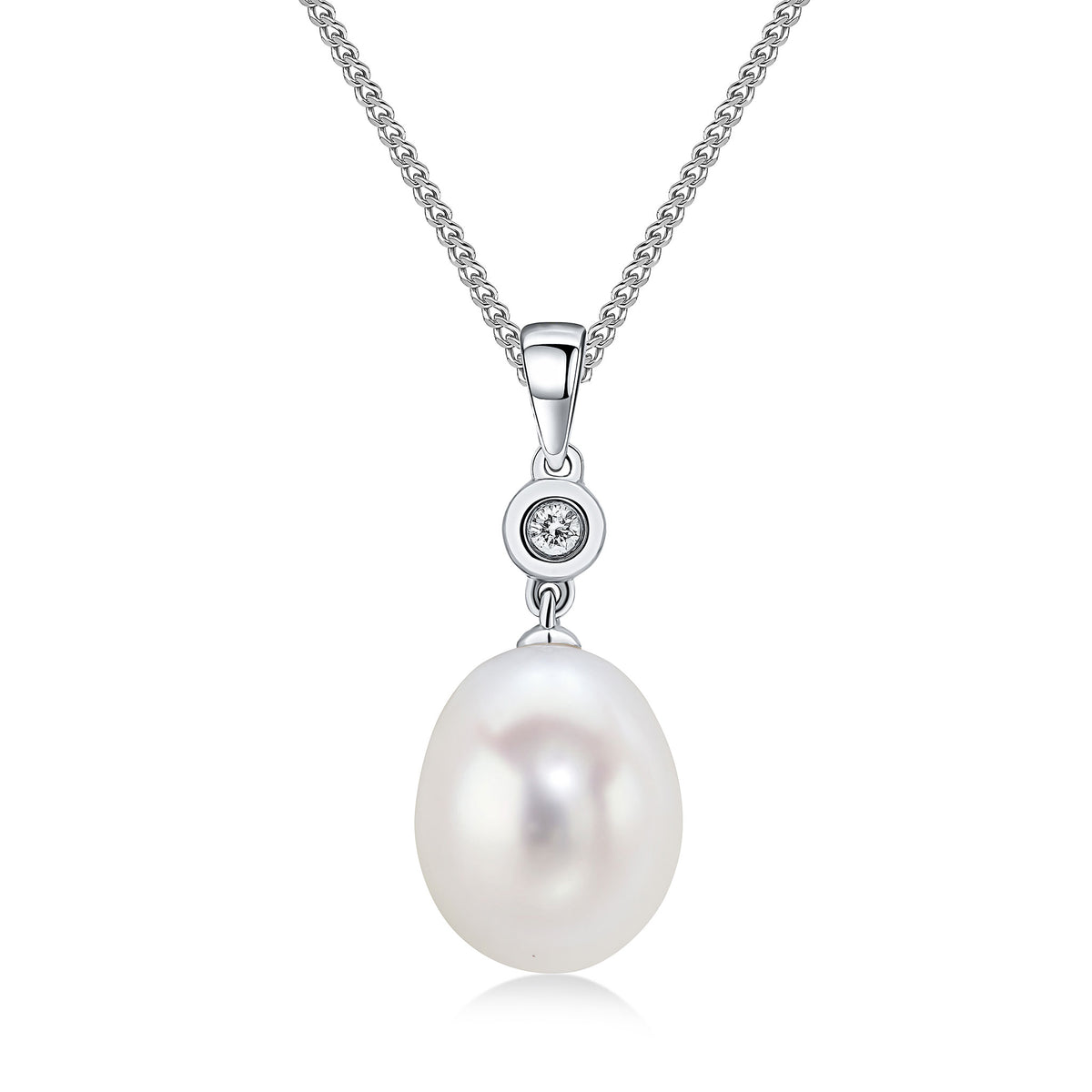 18ct White Gold Freshwater Cultured Pearl and Diamond Rubover 2 Stone Pendant