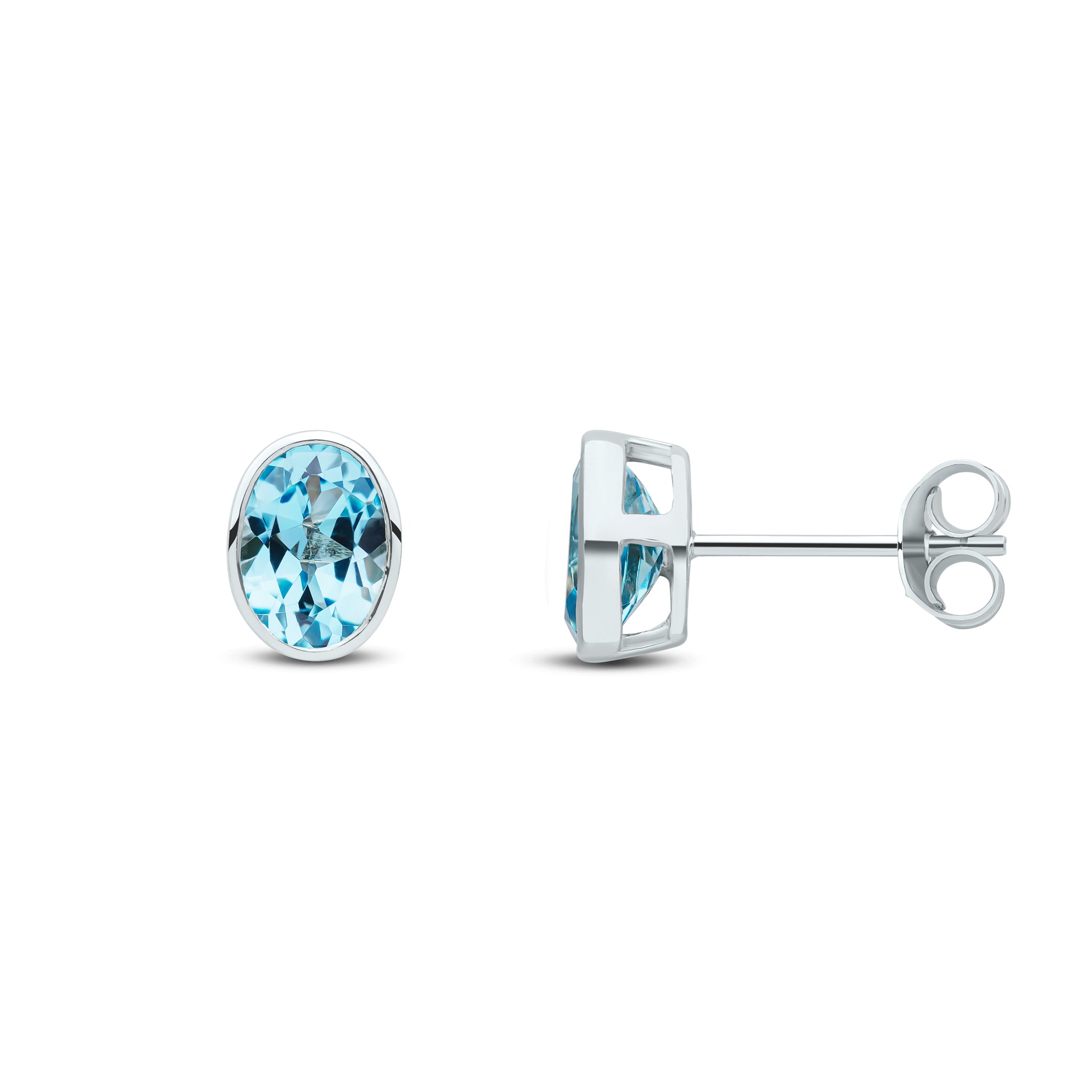 9ct White Gold 7x5 Oval Swiss Blue Topaz Rubover Earstuds
