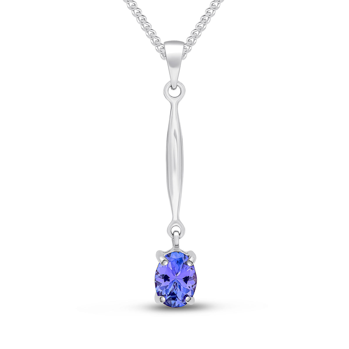 9ct White Gold 7x5 Oval Claw Tanzanite and Bar Pendant