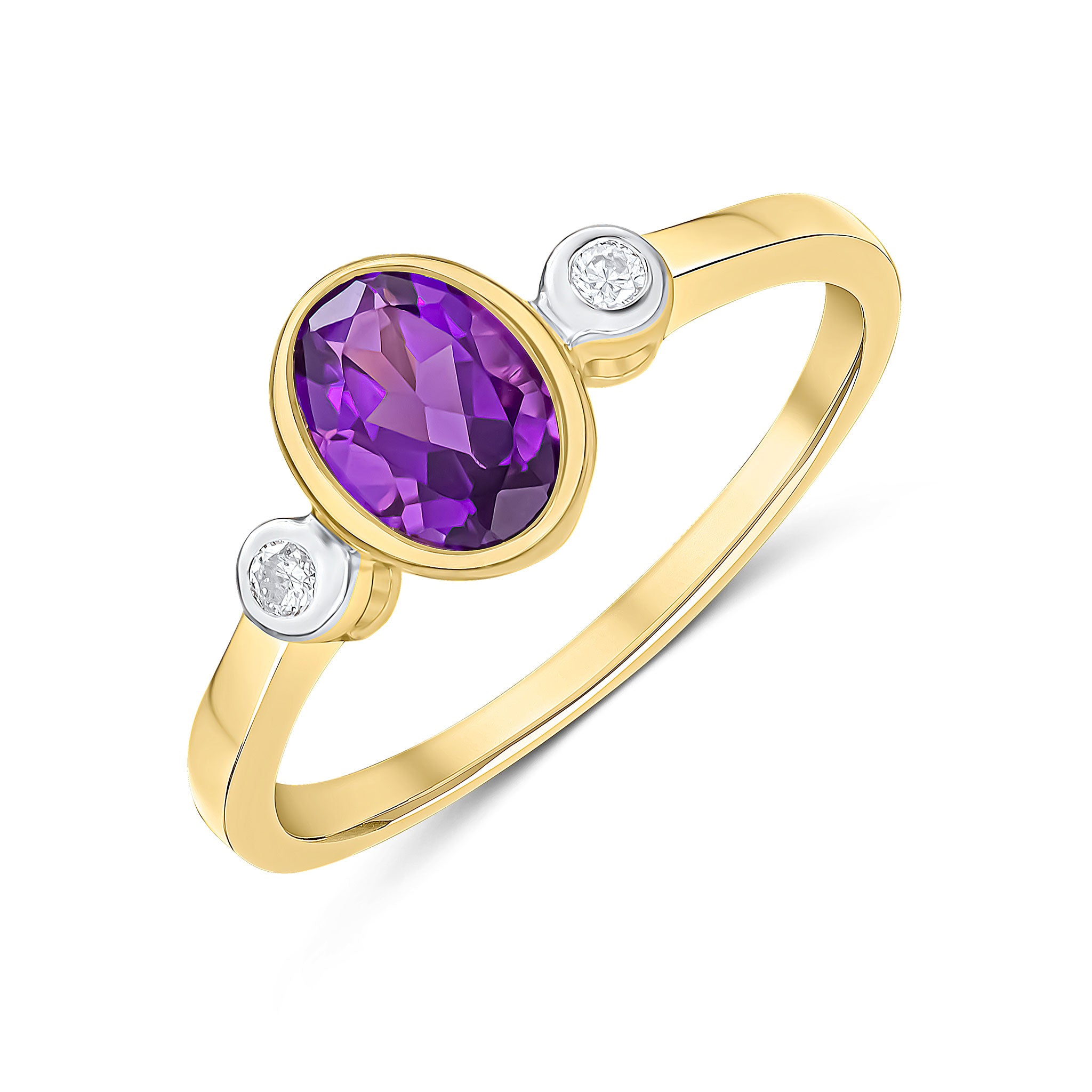 9CT YG 7X5 OVAL AMETHYST AND ROUND DIAMOND 3ST RUBOVER RING. RHODIUM TO DIAMONDS 1