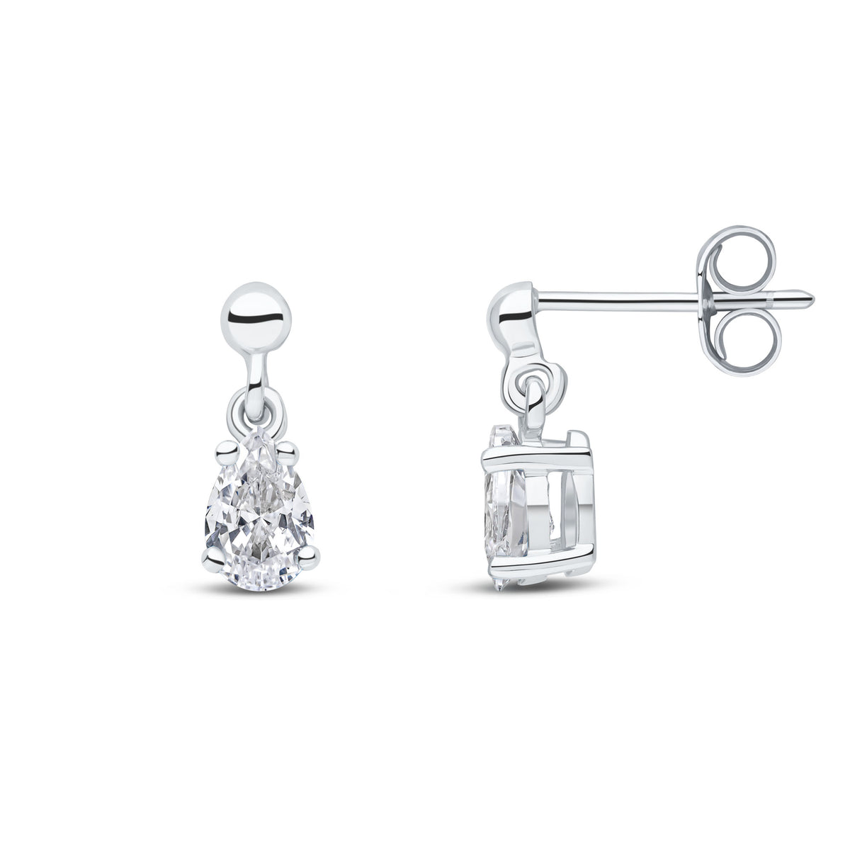9ct White Gold 6x4 Pear Shape CZ Claw Set Drop Earrings with Bead Stud Top