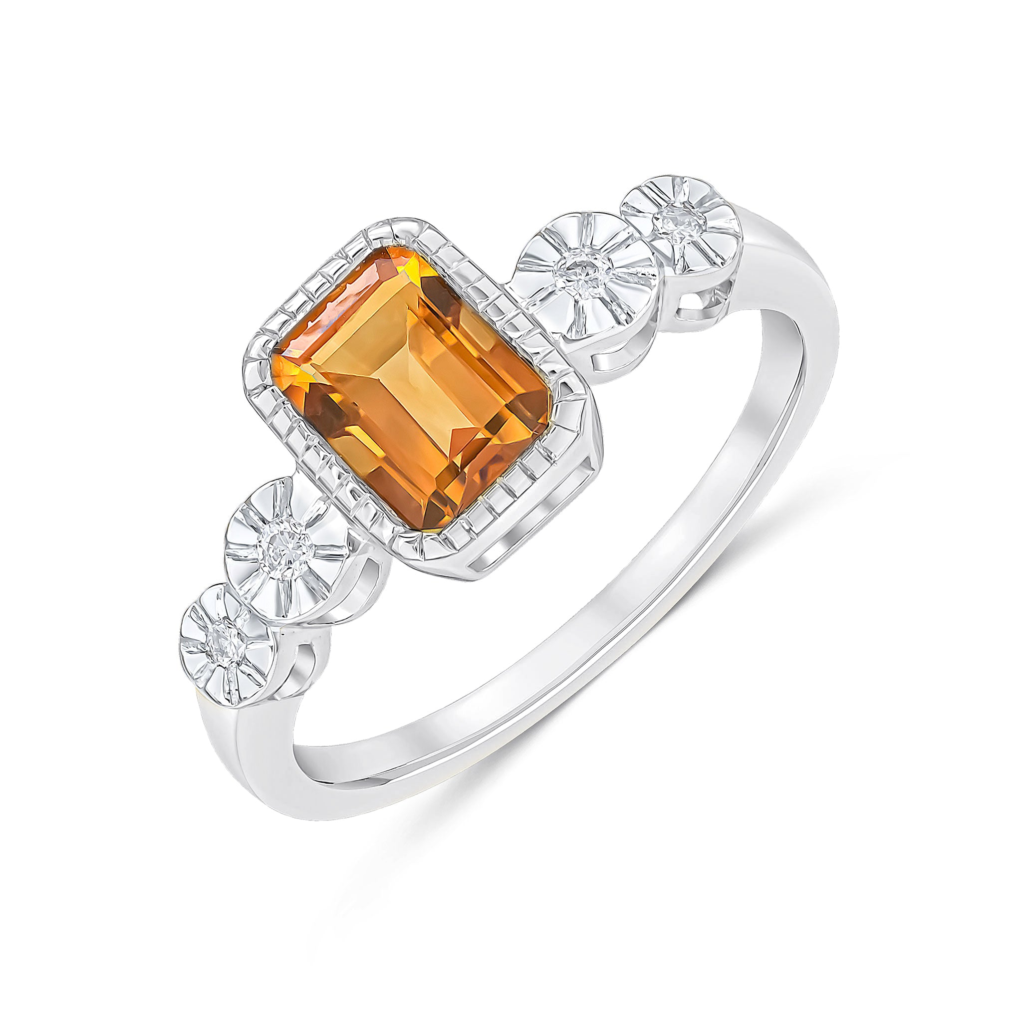 9ct White Gold Milgrain Octagon Citrine and Illusion Diamond 2 Stone Shoulders Ring